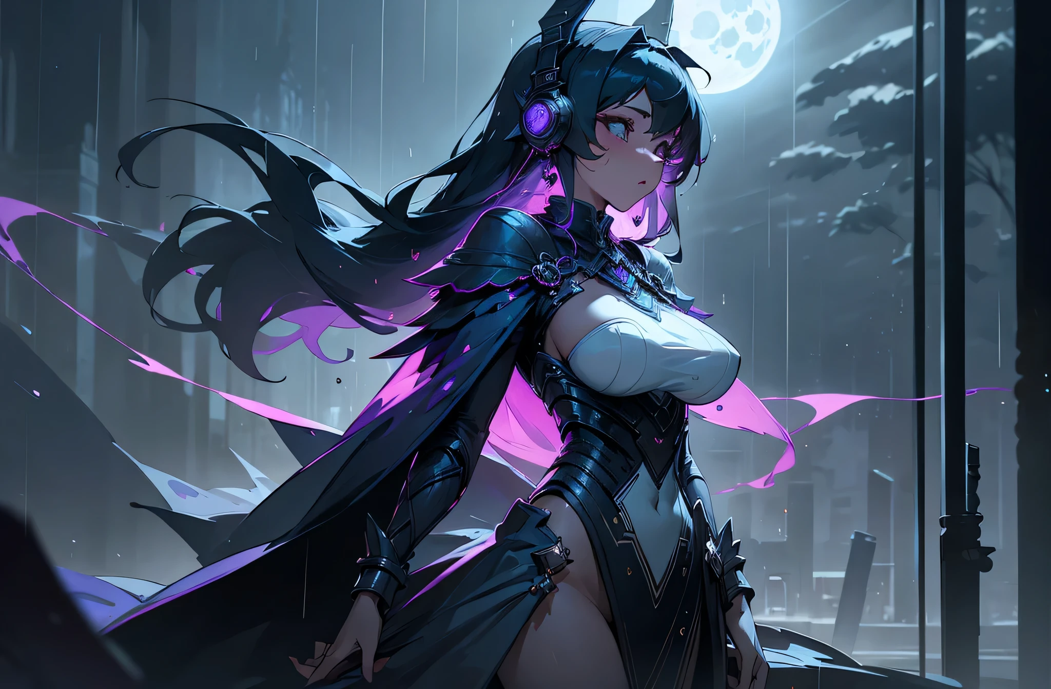 A woman wearing headphones is standing alone、A beautiful night view behind、big breasts、sexy、moonlight、exposed、Full moon in the middle、it&#39;s raining、beauty in return、Lonely feeling、whole body、I can see the castle、retro cityscape