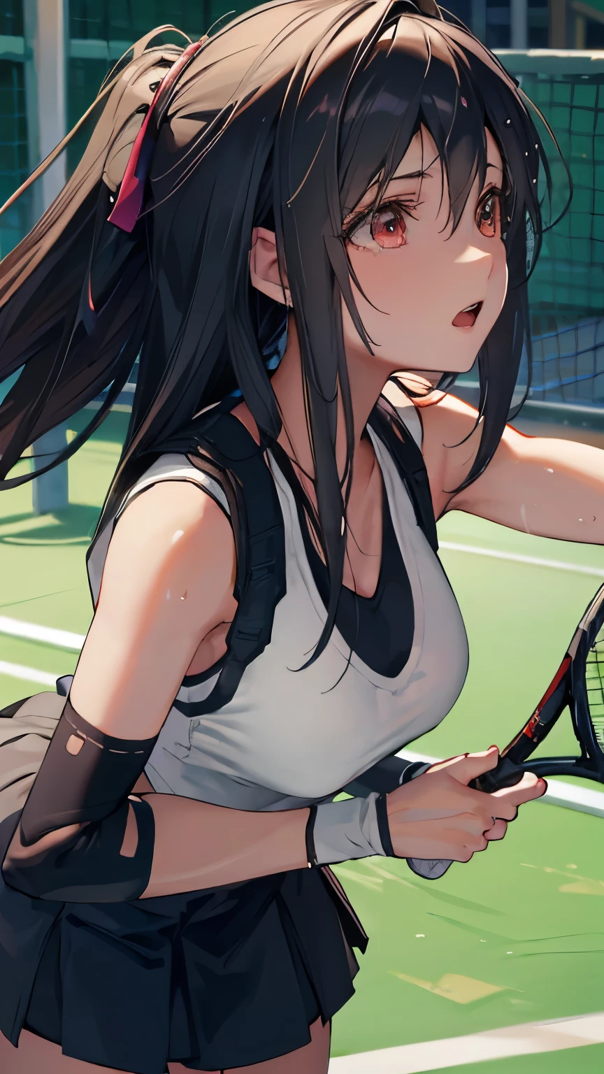 ((best quality)), ((masterpiece)), (detailed), perfect face, (best quality), (detailed skin:1.3), (intricate details), (Female tennis player), sweat pouring out, a scene during the game, tifa lockhart, cowboy shot, Tennis court, side ponytail, WILSON/ULTRA100 V3.0, 1 tennis racket, Wimbledon, forehand