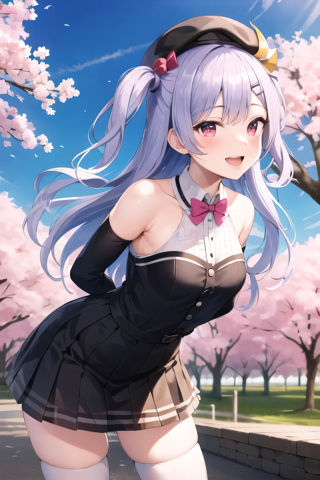 masterpiece, best quality, highres, aaruna, long hair, two side up, hair bow, hairclip, beret, black headwear, black bowtie, crescent, shoulder cutout, pink shirt, detached sleeves, long sleeves, black skirt, frilled skirt, single thighhigh, standing, cowboy shot, arms behind back, leaning forward, smile, open mouth, outdoors, cherry blossoms,