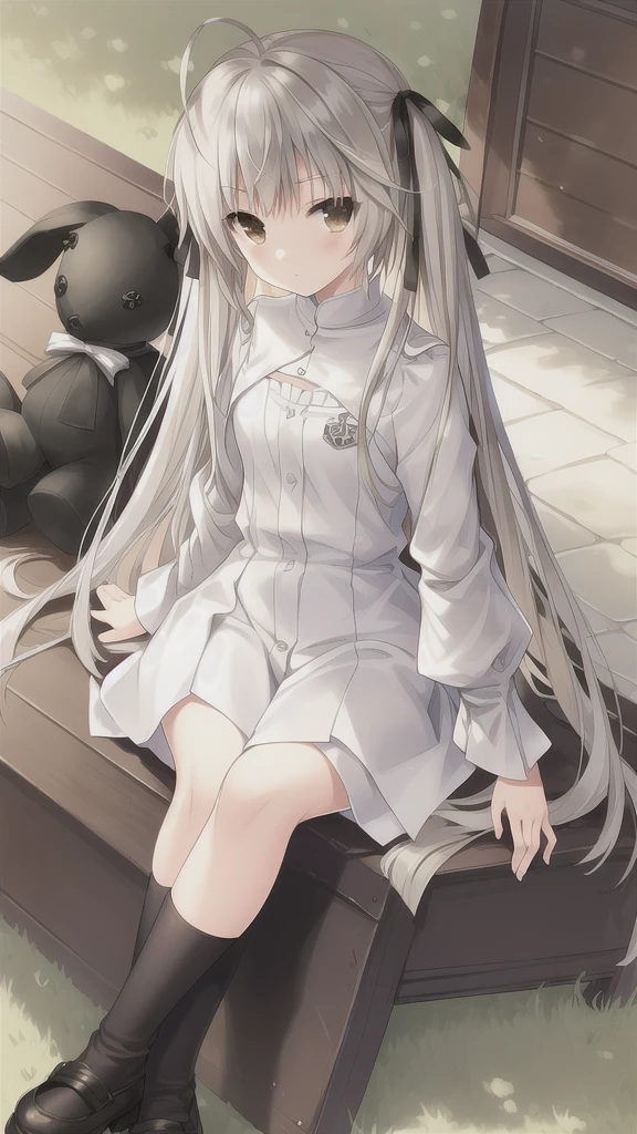 ((masterpiece:1.4, best quality)) ,Kasugano Sora,1 cool girl,Brown eyes,Plush Toys,Stuffed Animals,stuffed bunny,outdoor,,Happy,eternal，Black knee-high socks Jane Shoes，Home，Sitting on the sofa，Black jacket with white T-shirt，sunny