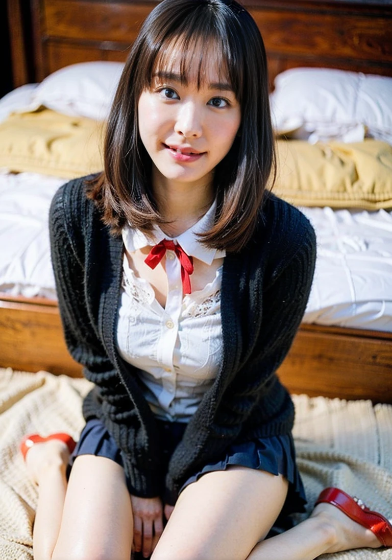 alone、high school girl、Natural body shape、White skin、Natural Makeup、Black Hair、bangs、Long Hair、((High School Uniform))(((Navy Blue Cardigan、White collar blouse、red school ribbon、mini skirt、mini skirt)))、((Big Breasts))、((Love hotel bed))、(Looking at the camera facing the front)、Full body photo、Exposing your thighs、White socks、Black Loafers、((Roll up your skirt))、(Small size white lace panties)、Focus on the crotch、Sit with your legs apart