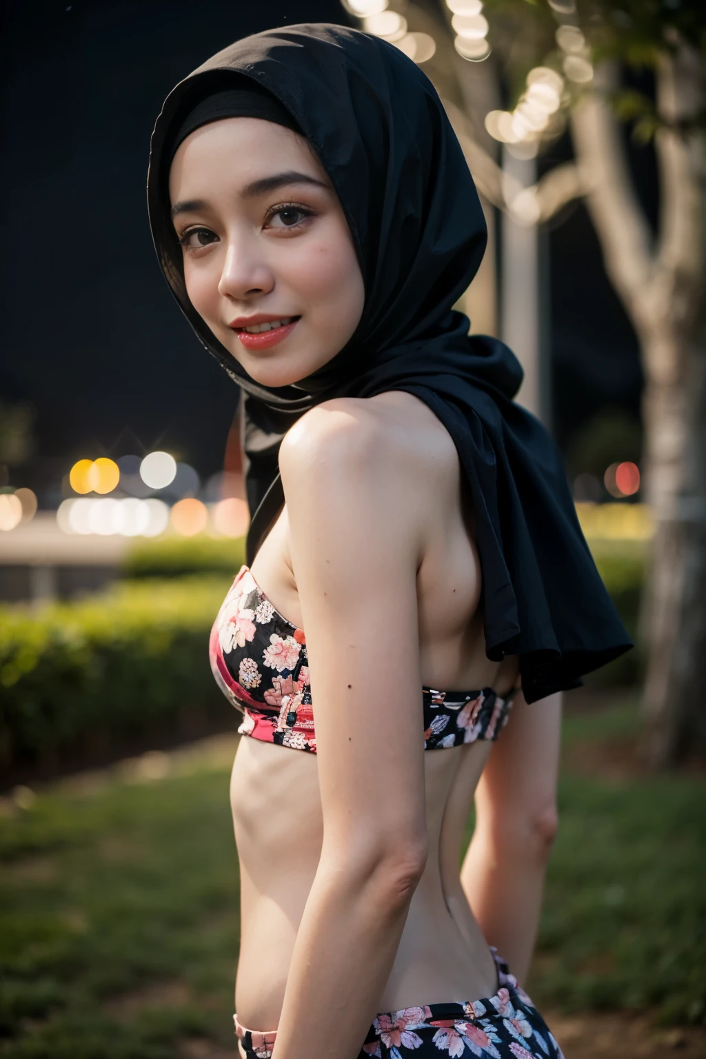 (Happy smile), (((HIJAB MALAY GIRL))), masutepiece, High quality, UHD 32K, Realistic face, Realistic skin feeling , A Japanese Lady, 8 , , Very cute and baby-like face, (((FLAT CHEST))), (Night time at forest), ((look In front  at the camera and SADNESS)), ((())), (((CUTE GIRL))), ((RED LIPS)), ((Floral Pattern)) little wearing strapless bra, strapless colorful bra, dark night background , black forest night, horror scary place (from behind up) seductive pose