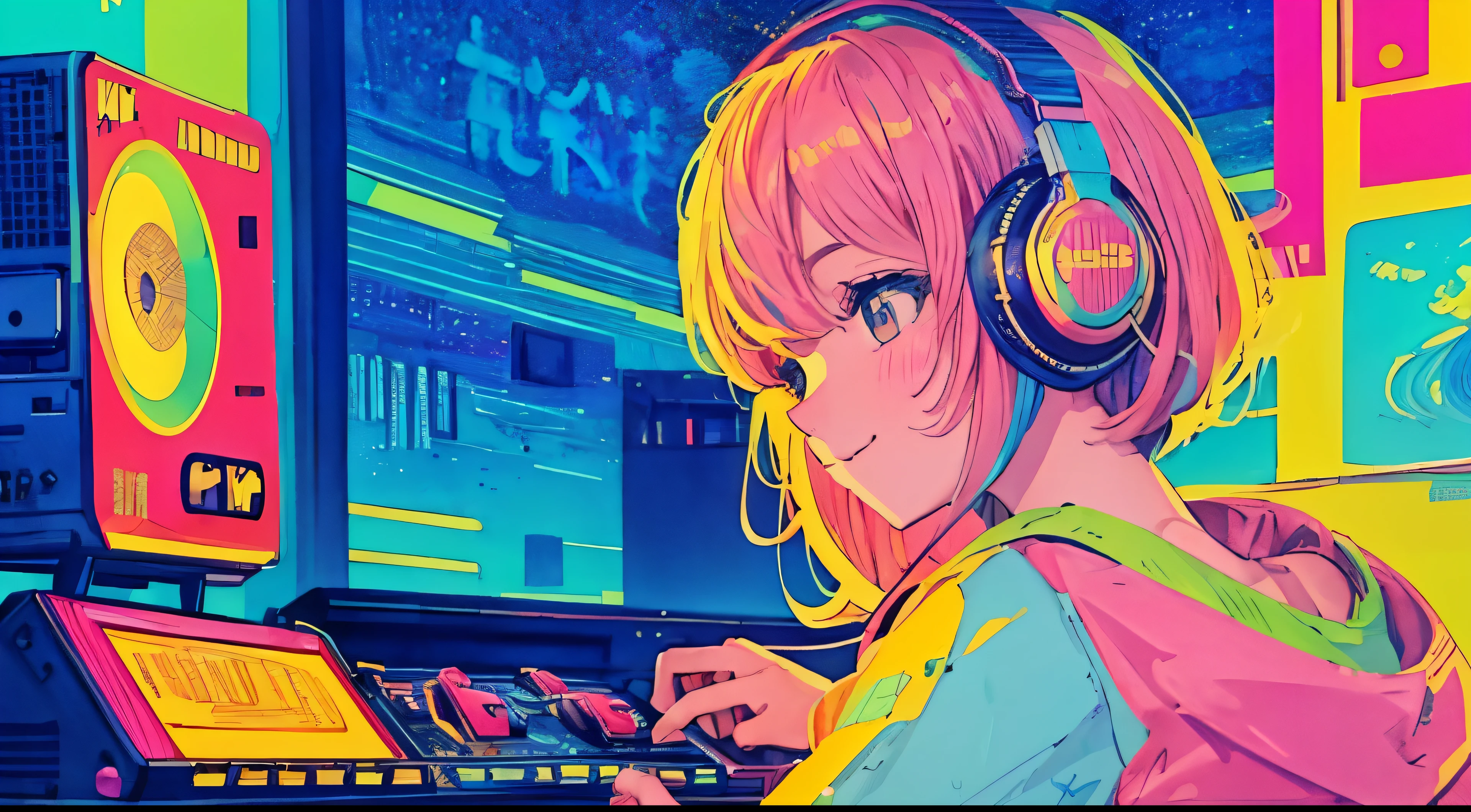 highest quality, 4k wallpaper, masterpiece, Very detailed CG Unity 8k wallpaper, Very fine grain, Very detailed, Intricate details,A smiling girl playing DJ, Retro art style, neon_pop art style, indoor,record,DJ,headphone