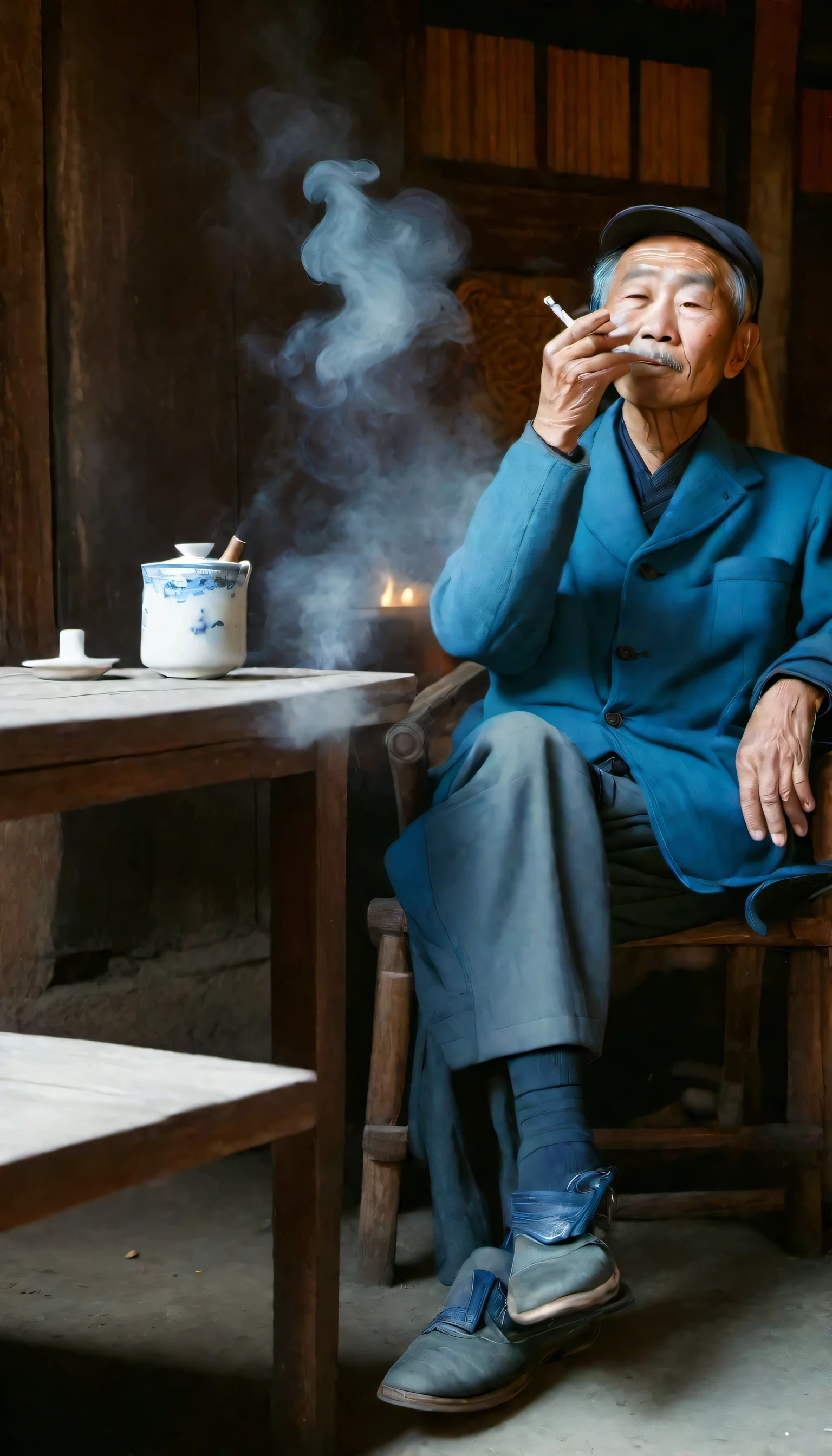 Portrait photography of a Chinese rural old man wearing faded blue cloth clothes (fingers holding a cigarette: 1.5), with smoke curling up, sitting in an old-fashioned tea house with a cup of hot tea on the table next to him. Canon camera, raw, 8k, super realistic, super detailed, super picture quality