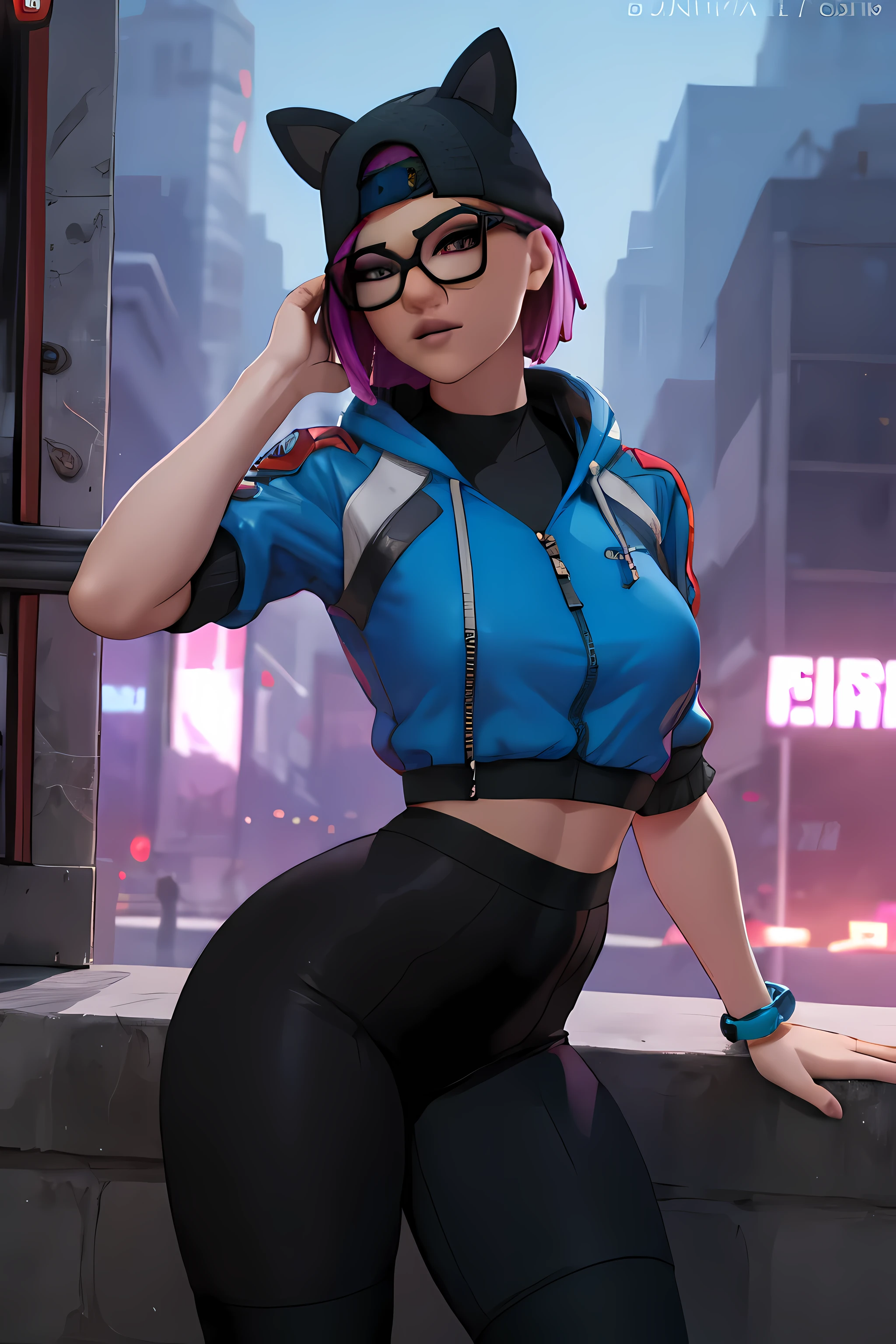 Traje de lino Cyberpunk, Noche, pulsera de picos,gorro de invierno , shorts negro con leggins Azul Marino, chaqueta azul marino ,Extremadamente detallado, rostro detallado, gafas ,hermoso rostro, ojos finos, mirando al espectador, pose femenino.