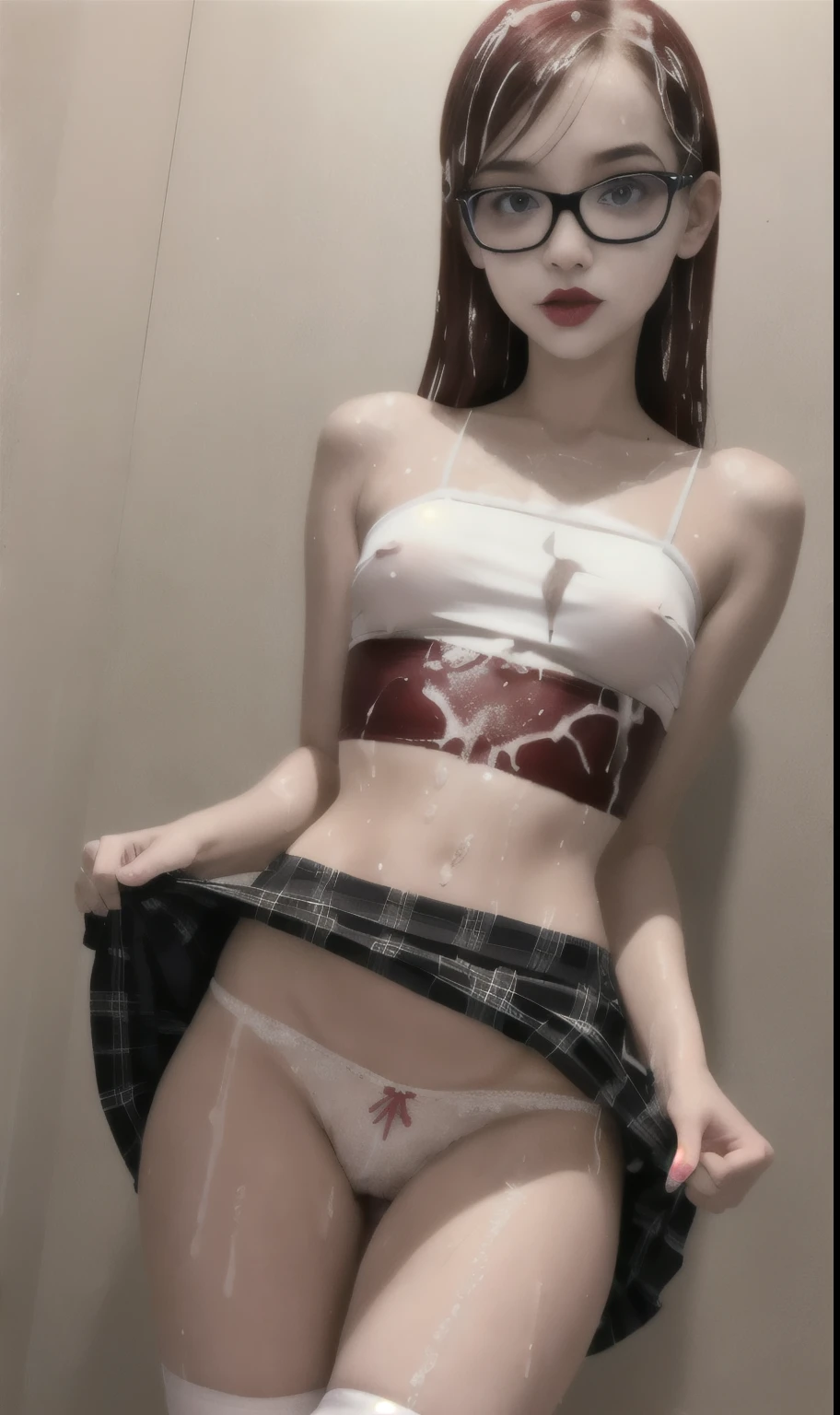 girl, , very young, cutie, very skinny, anorexia, harmful, charming, Darling, Red hair, Informal, long wavy hair, bright makeup, slut makeup, white thin satin top, white mini skirt, black tights, rectangular frame glasses, bright red lipstick, Mascara smudges, lustful look, wet clothes, full length photo, ahegao, orgasm, skirt lift, masturbation, bukkake, white panties, cumdrip