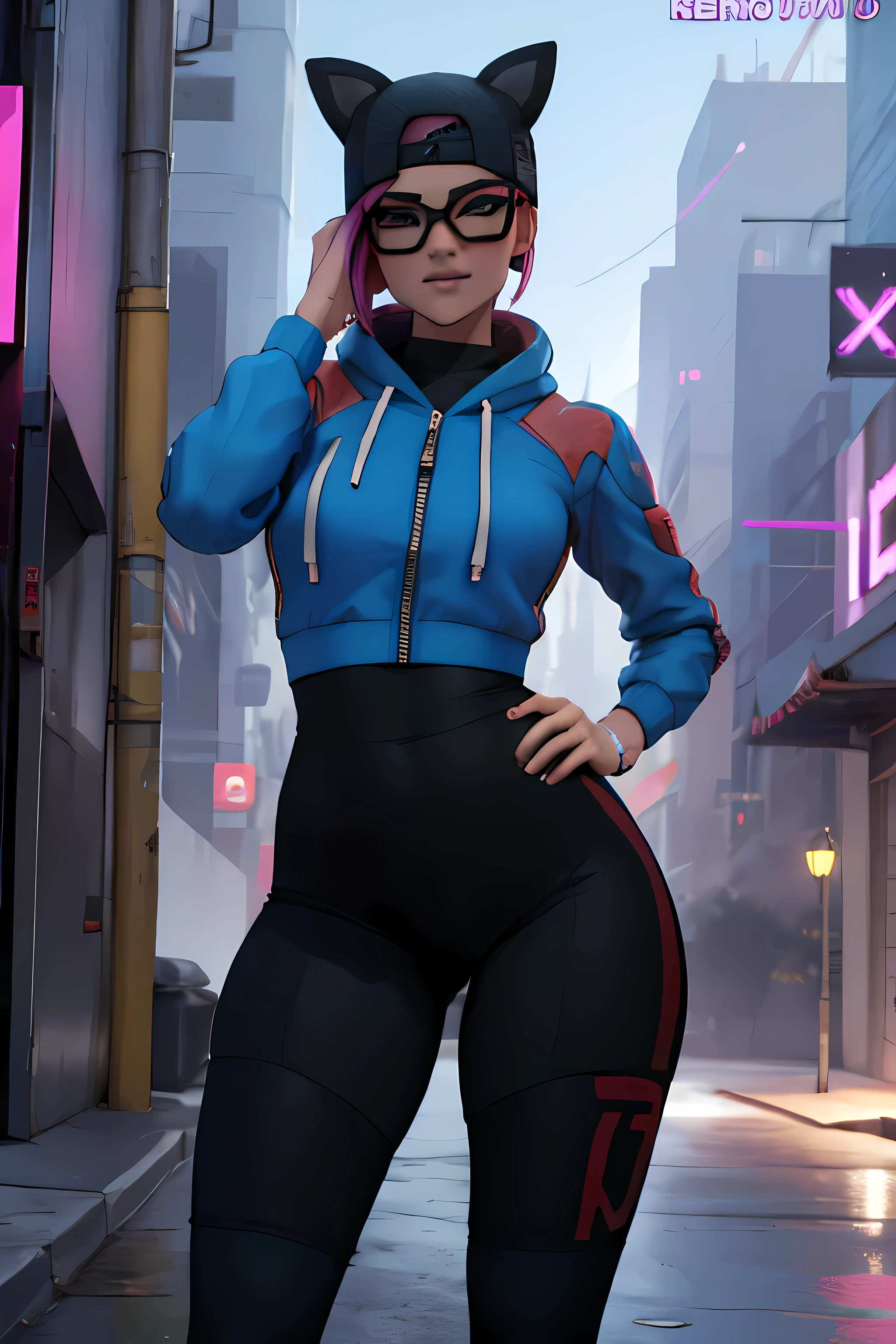 Traje de lino Cyberpunk, Noche, pulsera de picos,gorro de invierno , shorts negro con leggins Azul Marino, chaqueta azul marino ,Extremadamente detallado, rostro detallado, gafas ,hermoso rostro, ojos finos, mirando al espectador, pose femenino.