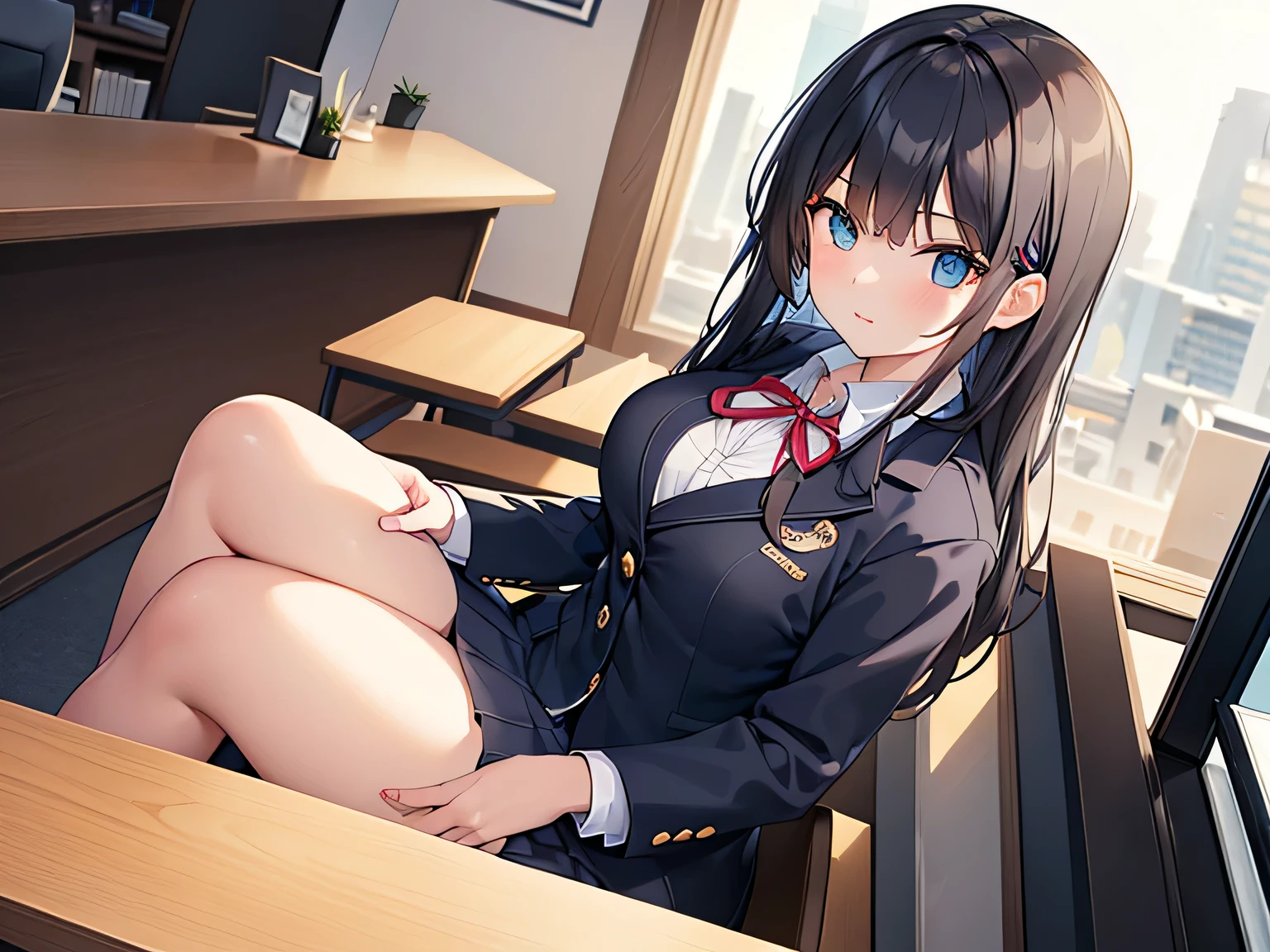 (Masterpiece, top quality, high resolution, realistic photo, realistic looking skin:1.1),
(Receptionist sitting in office chair inside reception counter serving customers:1.8),
(She has a stern look in her eyes:1.5),
(light blue blazer and skirt set-up is the uniform:1.8),
(She is wearing black pumps: 1.5),
(blazer and shirt all buttoned up, ribbon around neck, name plate on left breast:1.8),
(Medium black hair:1.5),
(Location: office chair in the counter of the general reception center of the company:1.5),
1 Japanese girl, solo, full bodied esbian, beautiful eyes, glowing eyes, glowing thighs, NSFW