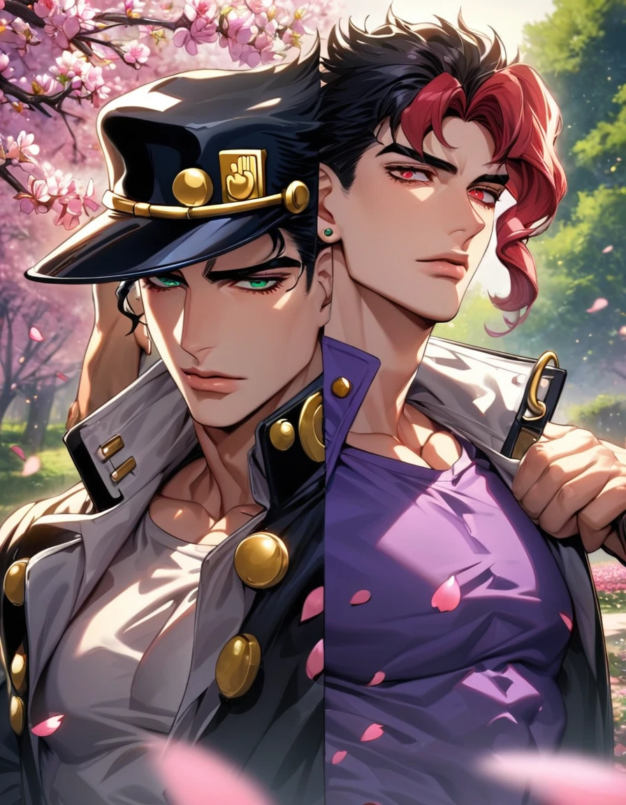 absurdres, highres, ultra detailed, HDR, master piece, best quality, Jotaro Kujo, black hair, expressive green eyes, Jojo bizarre adventure, Dio Brando, blonde hair, expressive green eyes, two men together, gay couple, handsome, pink flowers, pink petals, pink butterflies, blossoms, park, fountain