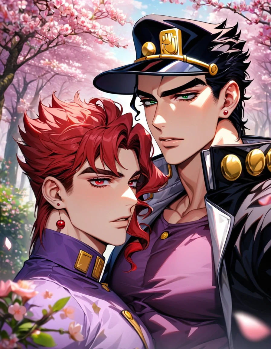 absurdres, highres, ultra detailed, HDR, master piece, best quality, extremely detailed face and eyes, Jotaro Kujo, black hat, black hair, expressive green eyes, jojo bizarre adventure, Kakyoin, red hair, expressive red eyes, 2men together, sexy gay couple, handsome, black coat, purple shirt, spring, trees, blossoms, pink petals, pink butterflies