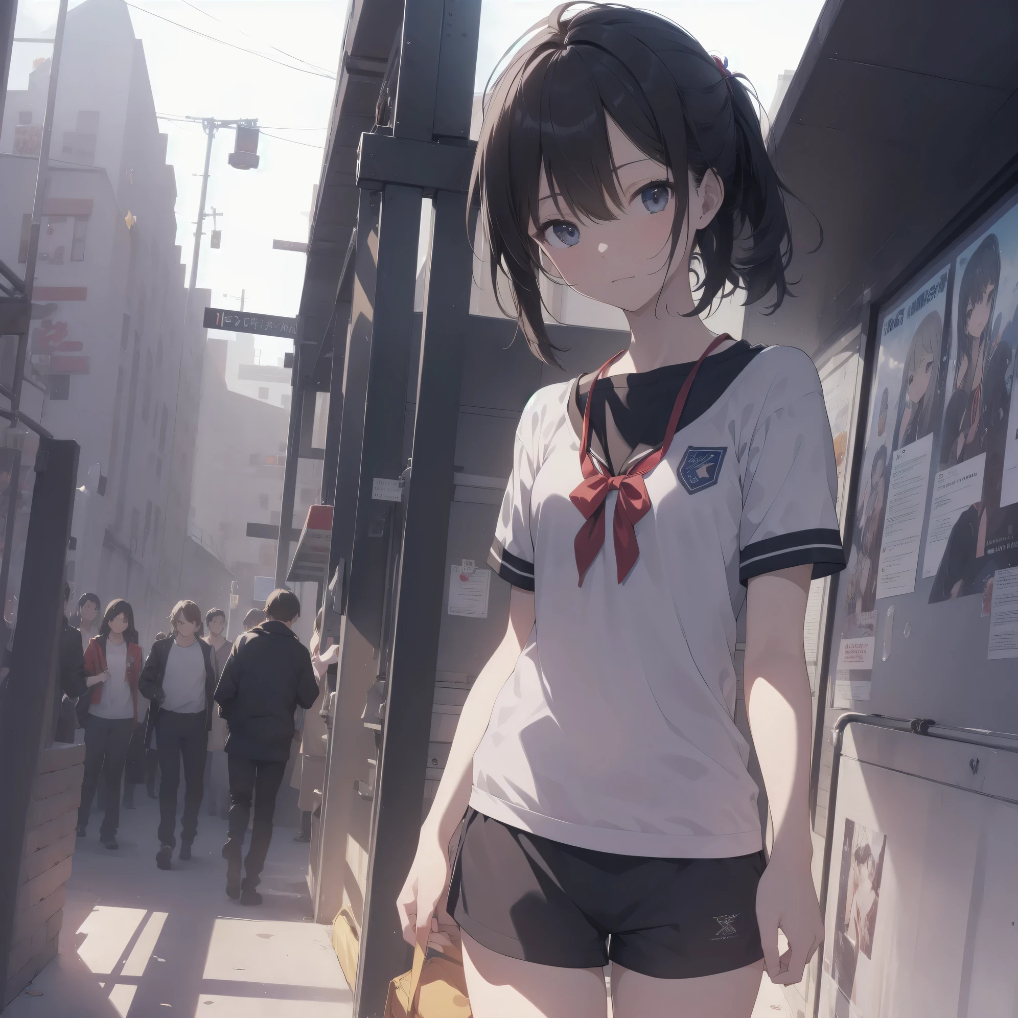 ultra-absurdres-Top quality by artist God, ultra-detailed, high resolution, anime moe artstyle, best anime 8k konachan wallpaper, pixiv contest winner,pool:2810, perfect anatomy,break, 1girl, (Please draw a girl walking sleepily to school alone. )break,(Solo,little female, 13-year-old:1.3),Full limbs, complete fingers, (very short hair), ponytail, flat chest, , small butt, small black eyes, beautiful detailed eyes, well-proportioned iris and pupils, expressive eyes, highres detailed hair, soft expression, school_gym uniform, official_alternate_costume, short gym shorts,(Detailed Lighting), (Detailed background), in the School commute route. break,super detailed skin, Best cinematic lighting powered by famous artist, 8k,beauty illustration,photoshop_(medium),very aesthetic,break,((artist:bow_(bhp) )), artist:akinashi yuu ,artist:oyari ashito ,artist:kantoku ,