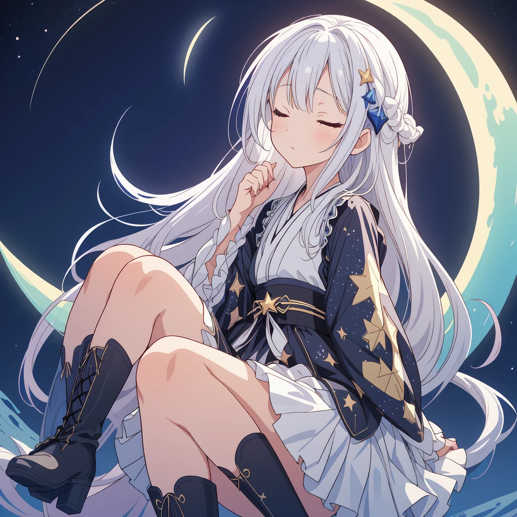 Star Fairy、(masterpiece, best quality), 1girl, sitting on the crescent moon、「A beautifully printed galaxy patterned kimono and gothic lolita outfit.、Space pattern box pleated mini skirt with ruffles、Front view portrait、Knee-high boots、Captivating eyes、Perfect and stunning face、Exquisite details、Clear images、highest quality。」Milky white and light blue gradient long straight hair、Leaning against the crescent moon, he closed his eyes and dozed off.、Hands on knees、