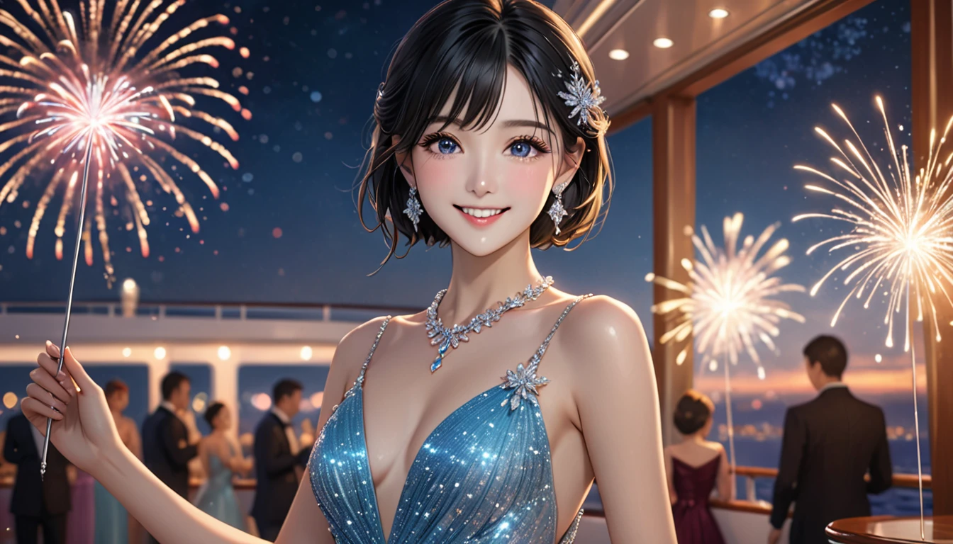 National Science Foundation,masterpiece,High resolution,8K,Art,digit,Three-dimensional,Realism,Facing the camera,Soft Light,Glowing skin,(1 female: 1.3),(alone: 1.4),(((Black hair))),(Gorgeous,sparkling evening gown),Swarovski crystals on gorgeous evening gown,crystal hairpin,crystal necklace,crystal earrings,Long eyelashes,slender legs,Short Bob,Fairy wand fireworks in hand,Close-up of upper body,on a cruise ship,He danced during the banquet,Starry eyes,Blushed,shy,shy,Smile