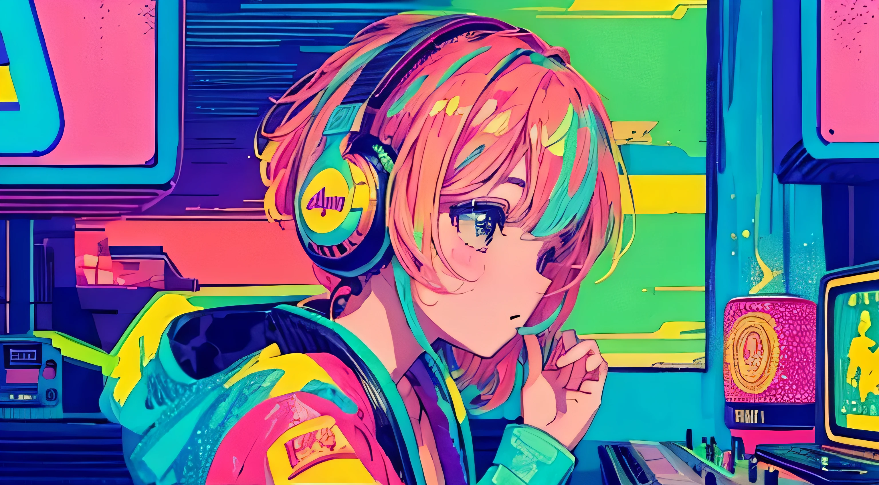 highest quality, 4k wallpaper, masterpiece, Very detailed CG Unity 8k wallpaper, Very fine grain, Very detailed, Intricate details,A girl playing DJ, Retro art style, neon_pop art style, indoor,record,DJ,headphone