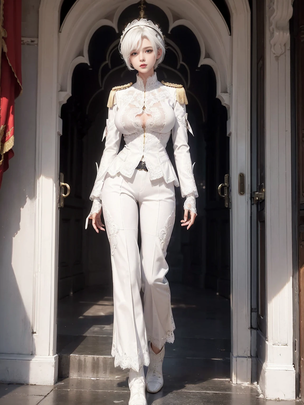 ((1 Full body single woman)) ,(Shooting from front and middle), looking at the camera, centered image, tmasterpiece,A high resolution, Absolutely beautiful, facing to the camera, Tall and fit body,(big breast : 1.3), white short hair with updo, (full coverage white lace uniform, Embroidery uniform, decorated uniform and pants, Exquisite details of the uniform and pants, white lace stockings, warrior, white gloves, show white boots, (lace) uniform, allure:white hair, short hair (hair behind the body), young adult,(Tall:1.5),Rich scene detail,In the midst of the war,standing.