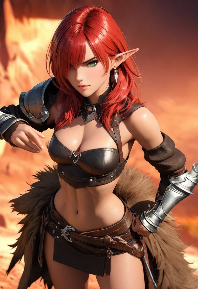 8K, (masterpiece, Best Quality)+ cowboy shot of a barbarian elf (Like the real thing)+ realistic skin, Looking at Viewer, Short hair, green mohawk hair, cleavage, Jewelry, small full breasts, Upper body, whole body, sword ,earrings, armor, Hair over one eye, Green eyes, short elf ears, shoulder armor, Realistic, at high resolution, Masterpiece, A hyper-realistic, Fantasy art, character art, cinestill 800, alluring glance, A sexy closeup, combat scene, action scene, action pose, dynamic pose, Rugged look, Glaring at the viewer, Athletic and muscular body, Split abs, long thin muscular legs, (ultra quality)++, (masterpiece)++, 1girl, barbarian elf, (Red, red hair)++, (Beautiful cute face)+, (beautiful female lips)+, Charming, (serious expression)++, looks at the camera with a gentle smile, eyes are slightly closed, (skin color white)+, Body glare, (detailed beautiful female eyes)++, (dark green eyes)++, (juicy female lips)+, (beautiful female hands)+, (perfect female hands)++, (perfect female figure)++, perfect female body, Beautiful waist, gorgeous big thighs, Beautiful little breasts, (Subtle and beautiful)++, seductively sits, (close up face)+, (Barbarian outfit, Barbarian armor, Leather skirt, Pelt Skirt, (armor:1.2)+)++, background: Beautiful sunset, (Depth of field)++, (high quality clear image)++, (crisp details)+, (highly detailed)++, Realistic, Professional Photo Session, (Clear Focus)++, the anime! girl! in the middle of a red and white movie!! in a dark studio, complex artistic color ink pen illustration, subtle detailing, masterfully illustrated by Artgerm and Range Murata. 3D render, digital, game art