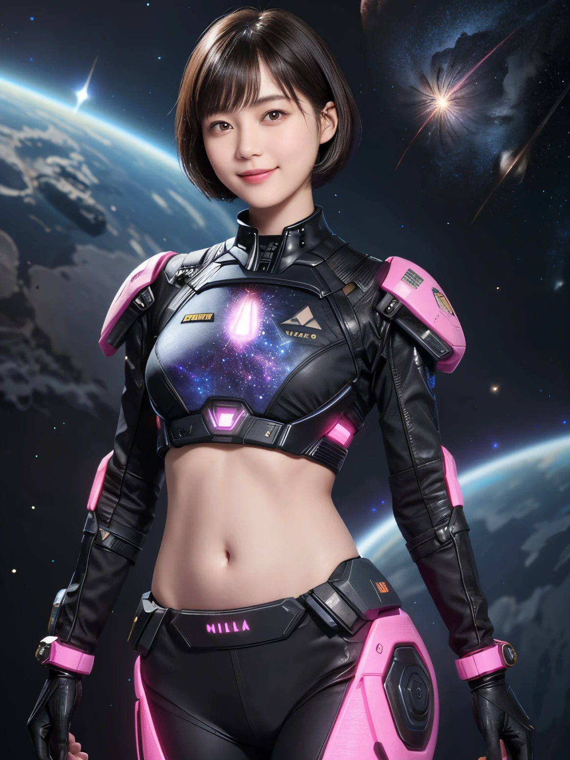 213 Short Hair, 20-year-old woman, A kind smile, Floral, Futuristic clothing, machinery suit, (The background is a galaxy and nebula), ((Clothes that show the stomach))