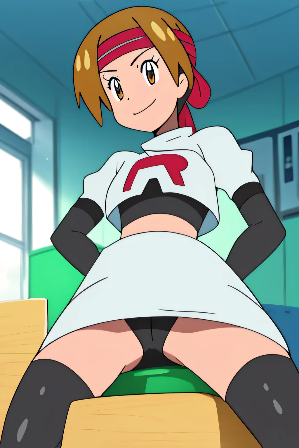 masterpiece,best quality,high res,high quality,8k, masterpiece,highres, team rocket uniform, red letter r, white skirt,white crop top,black thigh-high boots, black elbow gloves, evil smile, looking down at viewer, hands on hips, cowboy shot, zettai ryouiki,spread legs,from below, black panties,anime style, vivid colors, sharp focus, intense lighting,jessie rasberry,headband