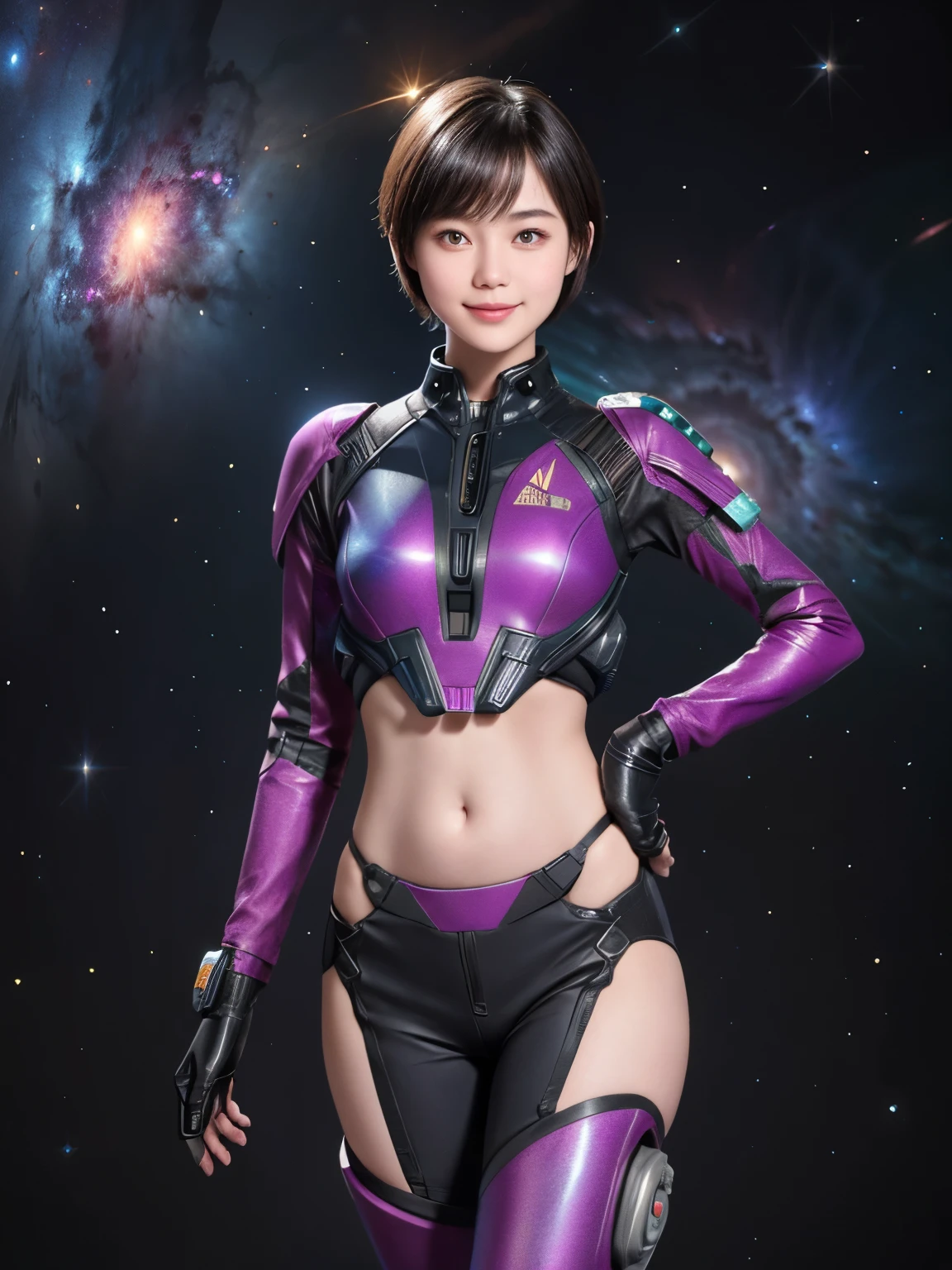 213 Short Hair, 20-year-old woman, A kind smile, Floral, Futuristic clothing, machinery suit, (The background is a galaxy and nebula), ((Clothes that show the stomach))