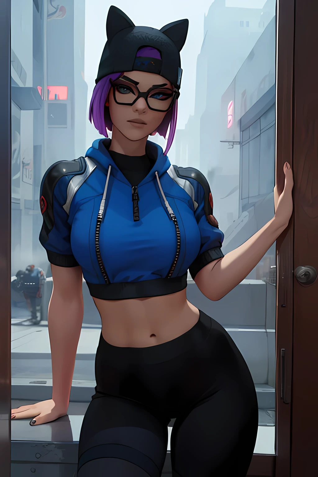 Traje de lino Cyberpunk, Noche, pulsera de picos,gorro de invierno , shorts negro con leggins Azul Marino, chaqueta azul marino ,Extremadamente detallado, rostro detallado, gafas ,hermoso rostro, ojos finos, mirando al espectador, pose femenino.