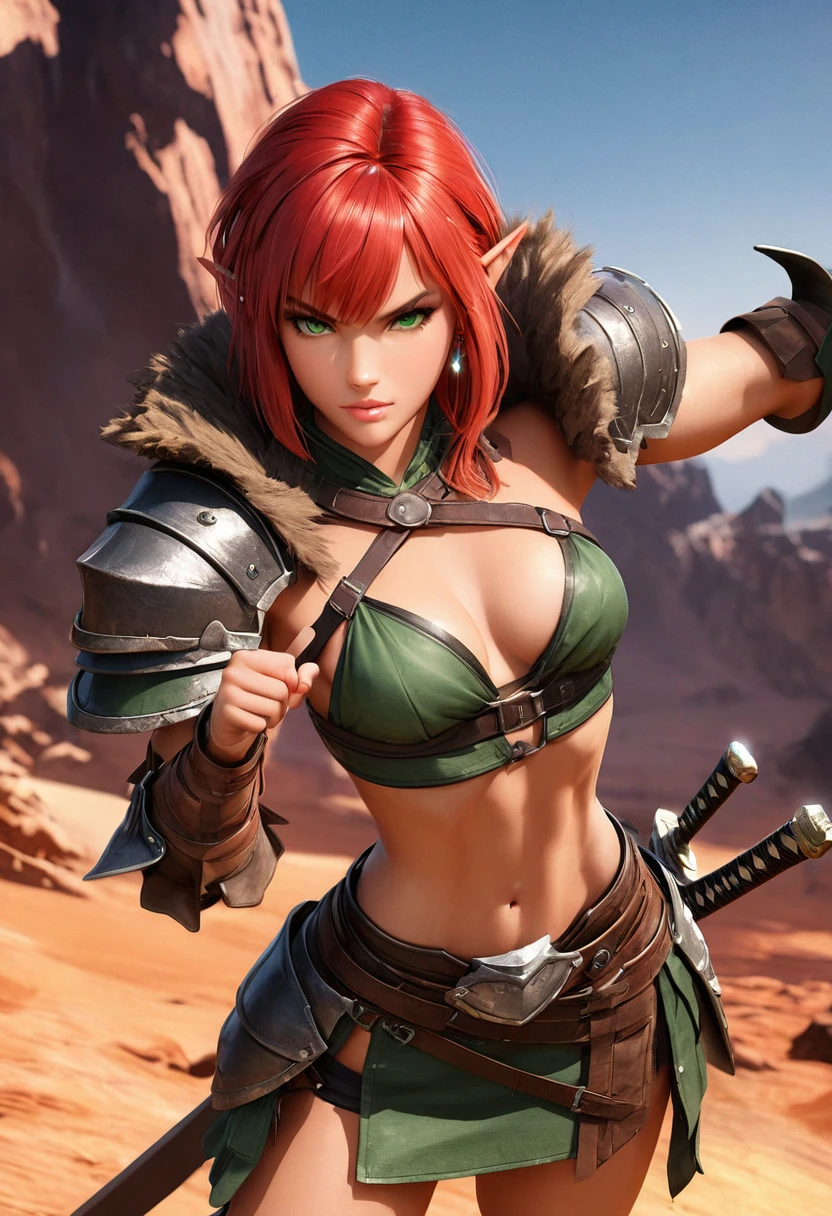 8K, (masterpiece, Best Quality)+ cowboy shot of a barbarian elf (Like the real thing)+ realistic skin, Looking at Viewer, Short hair, green mohawk hair, cleavage, Jewelry, small full breasts, Upper body, whole body, sword ,earrings, armor, Hair over one eye, Green eyes, short elf ears, shoulder armor, Realistic, at high resolution, Masterpiece, A hyper-realistic, Fantasy art, character art, cinestill 800, alluring glance, A sexy closeup, combat scene, action scene, action pose, dynamic pose, Rugged look, Glaring at the viewer, Athletic and muscular body, Split abs, long thin muscular legs, (ultra quality)++, (masterpiece)++, 1girl, barbarian elf, (Red, red hair)++, (Beautiful cute face)+, (beautiful female lips)+, Charming, (serious expression)++, looks at the camera with a gentle smile, eyes are slightly closed, (skin color white)+, Body glare, (detailed beautiful female eyes)++, (dark green eyes)++, (juicy female lips)+, (beautiful female hands)+, (perfect female hands)++, (perfect female figure)++, perfect female body, Beautiful waist, gorgeous big thighs, Beautiful little breasts, (Subtle and beautiful)++, seductively sits, (close up face)+, (Barbarian outfit, Barbarian armor, Leather skirt, Pelt Skirt, (armor:1.2)+)++, background: Beautiful sunset, (Depth of field)++, (high quality clear image)++, (crisp details)+, (highly detailed)++, Realistic, Professional Photo Session, (Clear Focus)++, the anime! girl! in the middle of a red and white movie!! in a dark studio, complex artistic color ink pen illustration, subtle detailing, masterfully illustrated by Artgerm and Range Murata. 3D render, digital, game art