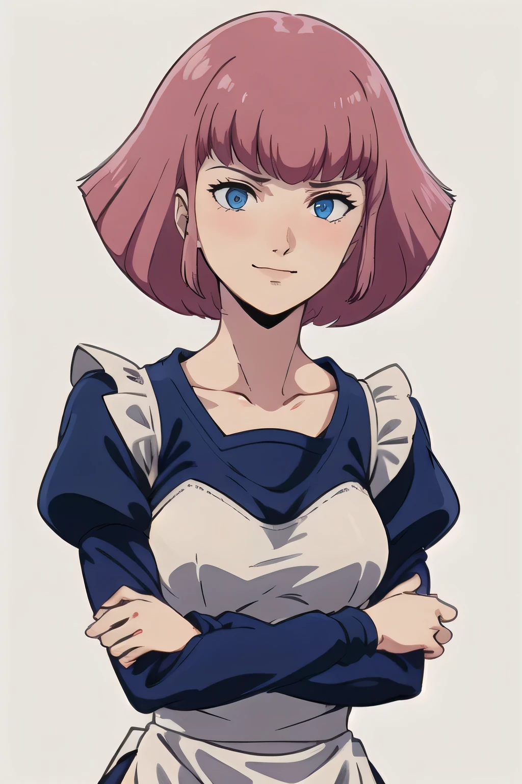 masterpiece, high quality, alone, look down, Low angle shot of Haman_Khan,1 Female, Embarrassed, Pink Hair, short hair, Side Lock, bangs, Eyebrow, blue eyes, clavicle, Maid clothes, Kind eyes, Long sleeve, A kind smile, Upper Body, Are standing, (Arms crossed:1.2), Stylish pose, White background, blush