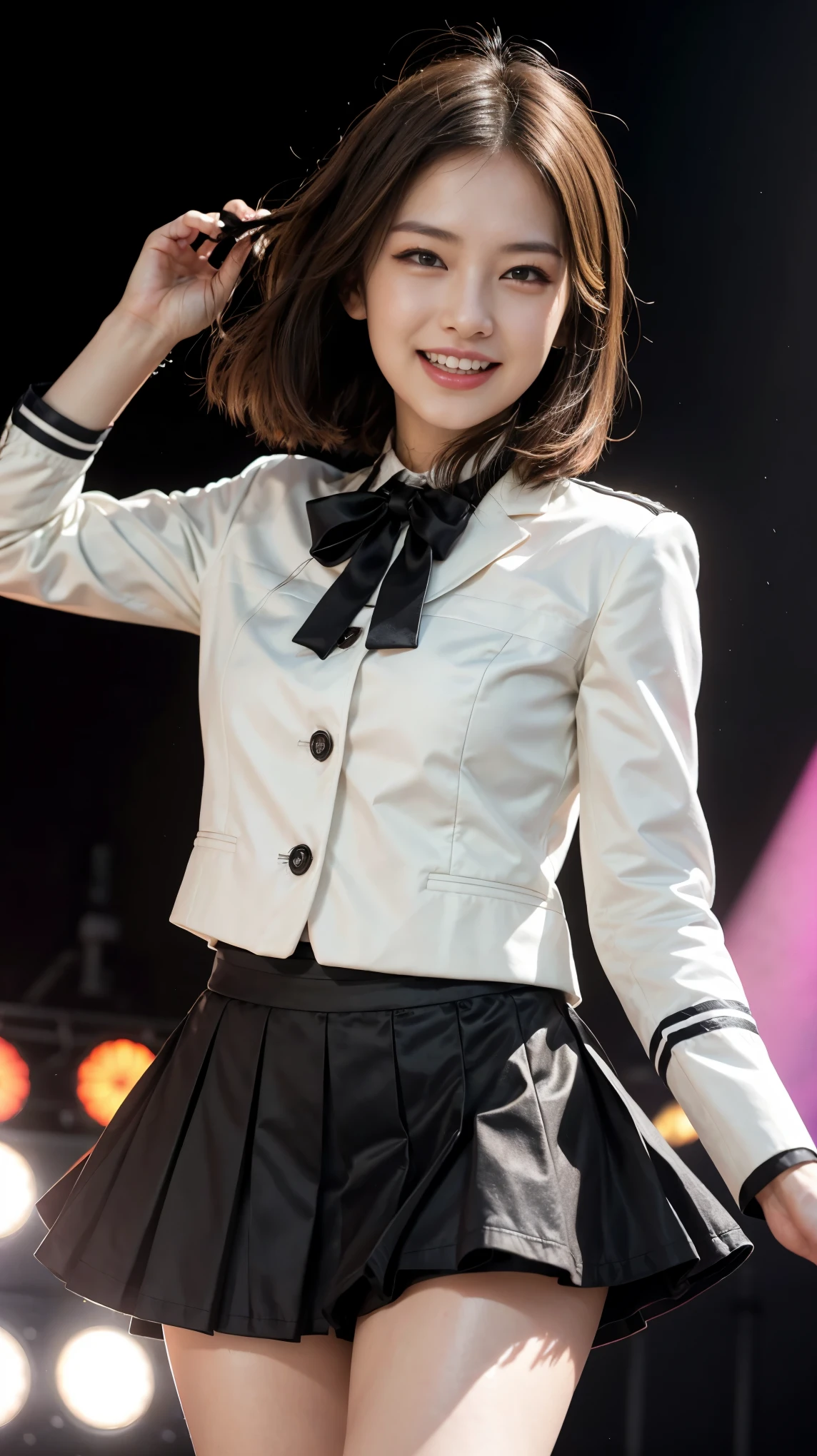 highest quality,masterpiece,Ultra-high resolution,(Actual:1.4),Original photo,Ultra-high resolution，8K，Dogenzaka 69，Flashy makeup with red eyeshadow，Big laughing smile，Short cut with delicate brown hair，A live costume of a high school girl&#39;s uniform mini skirt，Live costume: high school girl uniform jacket，Intense dance pose with skirt flipped up，Girl Idol，Concert Venues
