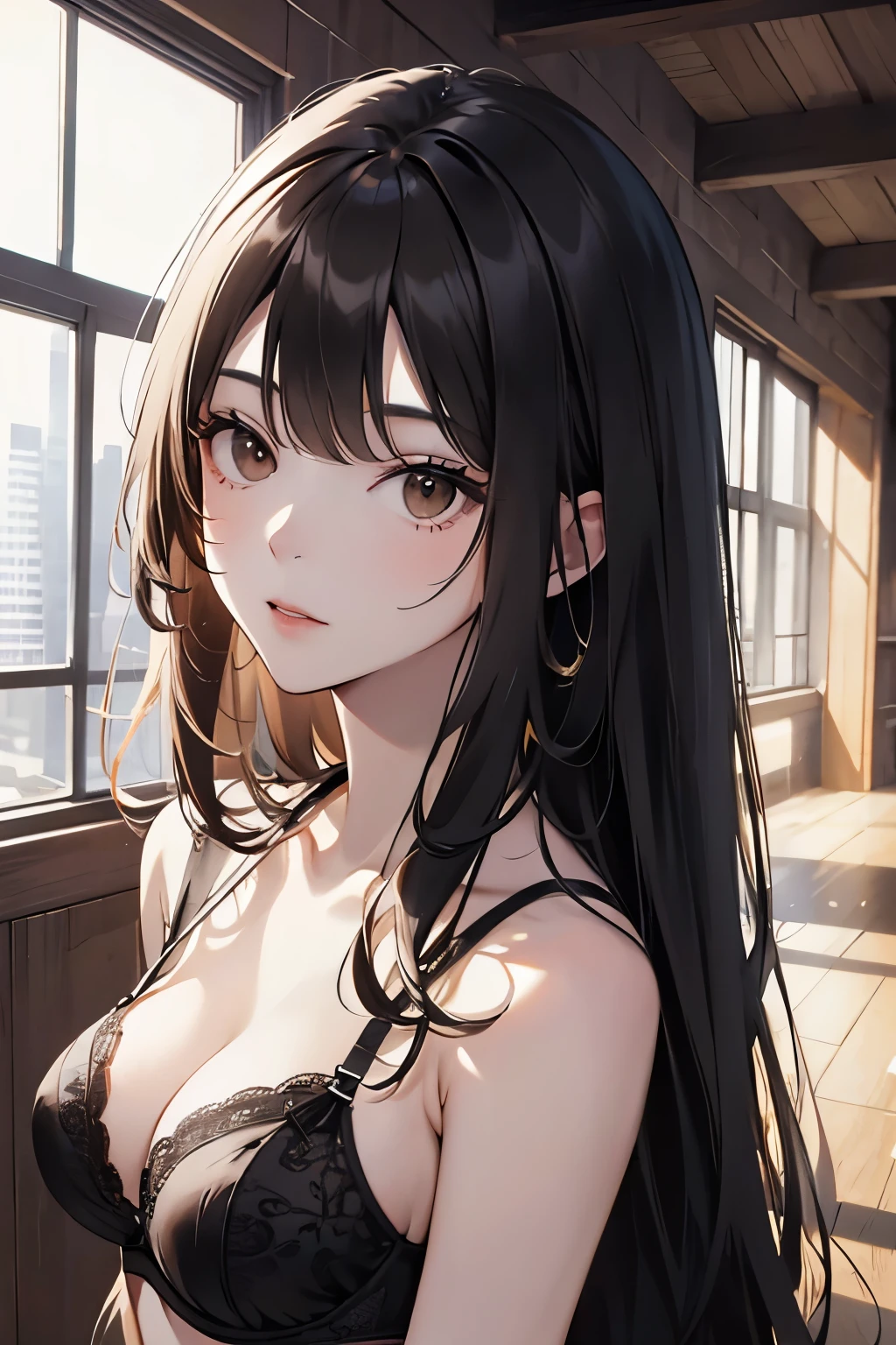 best quality, highres,Slender、Brown eyes、tall、Black Hair、(Long Hair:1.3),Straight Hair、7 life size、Black Bra、slouch、Looking up
