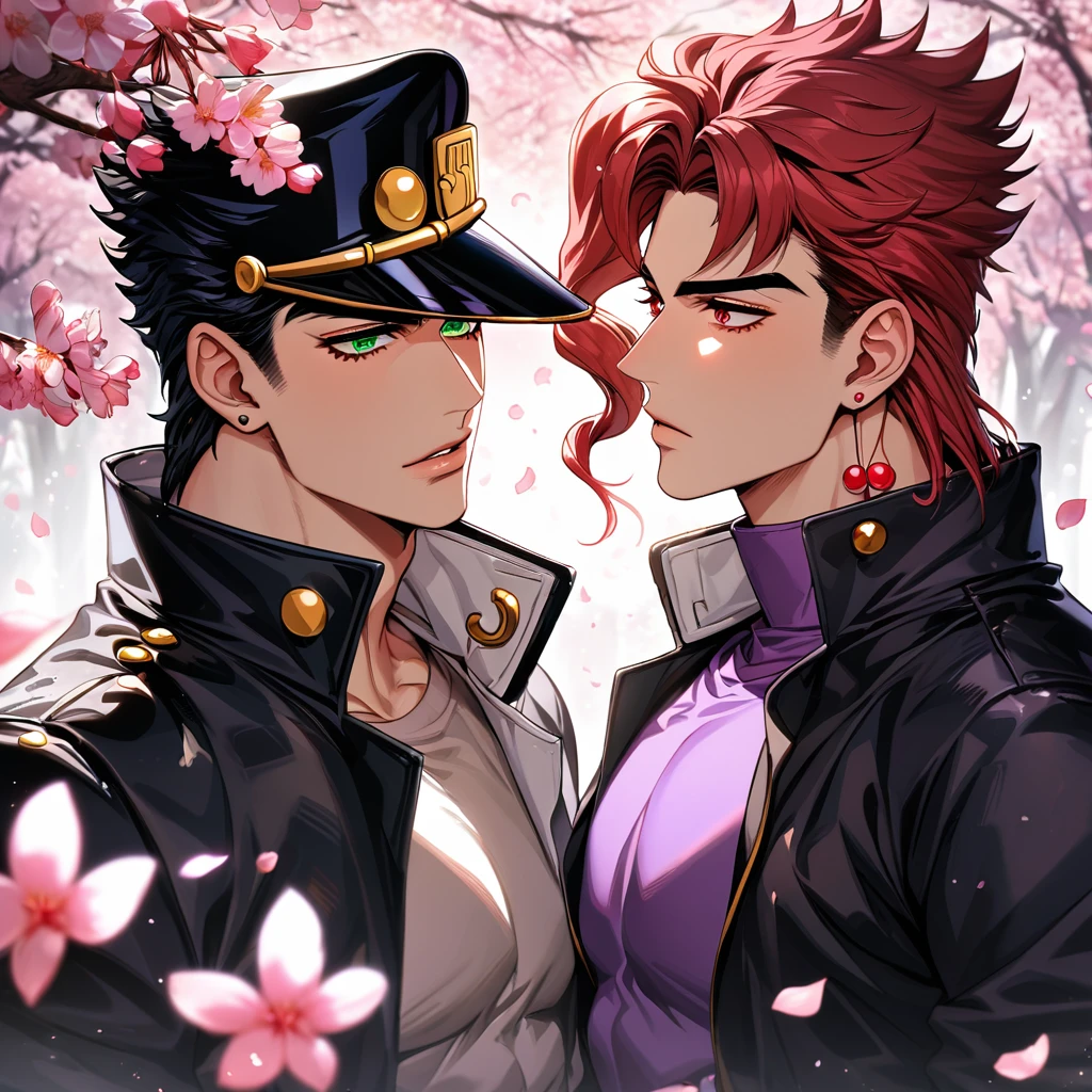 absurdres, highres, ultra detailed, HDR, master piece, best quality, extremely detailed face and eyes, Jotaro Kujo, black hat, black hair, expressive green eyes, jojo bizarre adventure, Kakyoin, red hair, expressive red eyes, 2men together, gay couple, handsome, black coat, purple shirt, spring, trees, blossoms, pink petals, pink butterflies