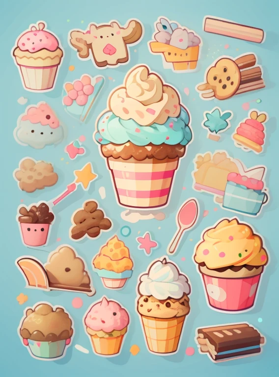 Individual stickers， 1sticker， （ice cream），（cookies）， blue background， nothing background， simple background， dk， adorable， pastel colour， vector style， no gradient，Refinement。Various foods, sweets