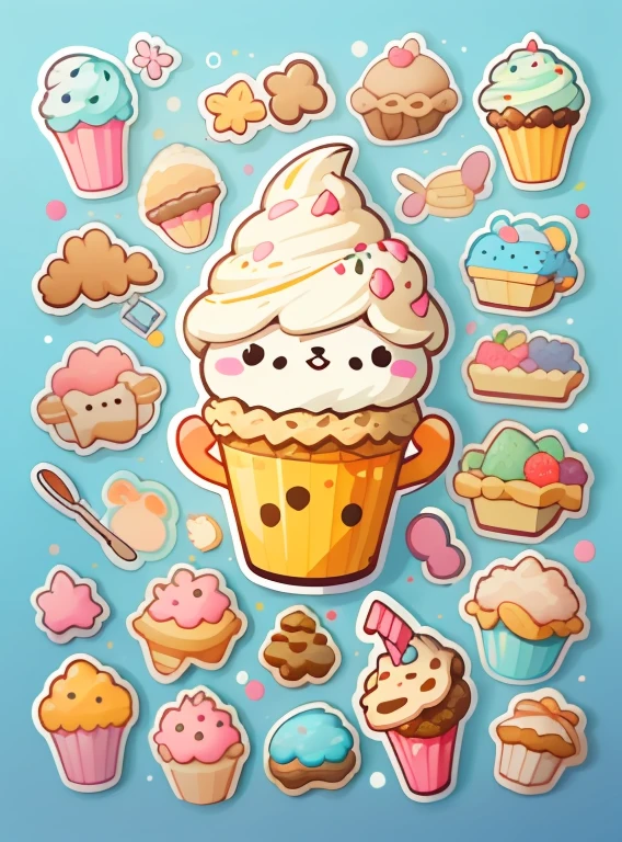 Individual stickers, 1sticker, (ice cream),(cookies), blue background, nothing background, simple background, dk, adorable, pastel colour, vector style, no gradient,Refinement。Various foods, sweets