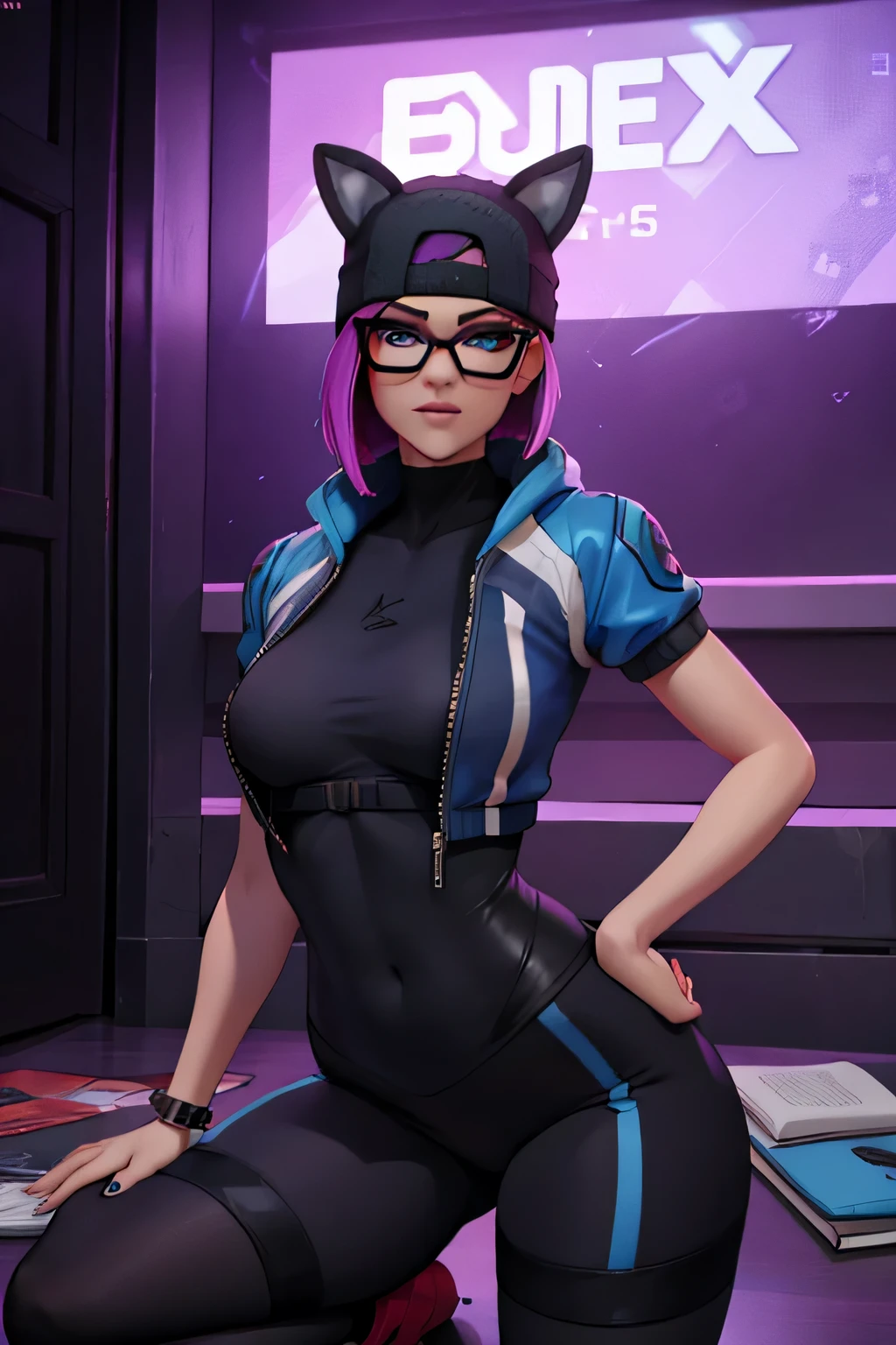 Traje de lince Cyberpunk, Noche, pulsera de picos,gorro de invierno , shorts negro con leggins Azul Marino, chaqueta azul marino ,Extremadamente detallado, rostro detallado, gafas ,hermoso rostro, ojos finos, mirando al espectador, pose femenino.