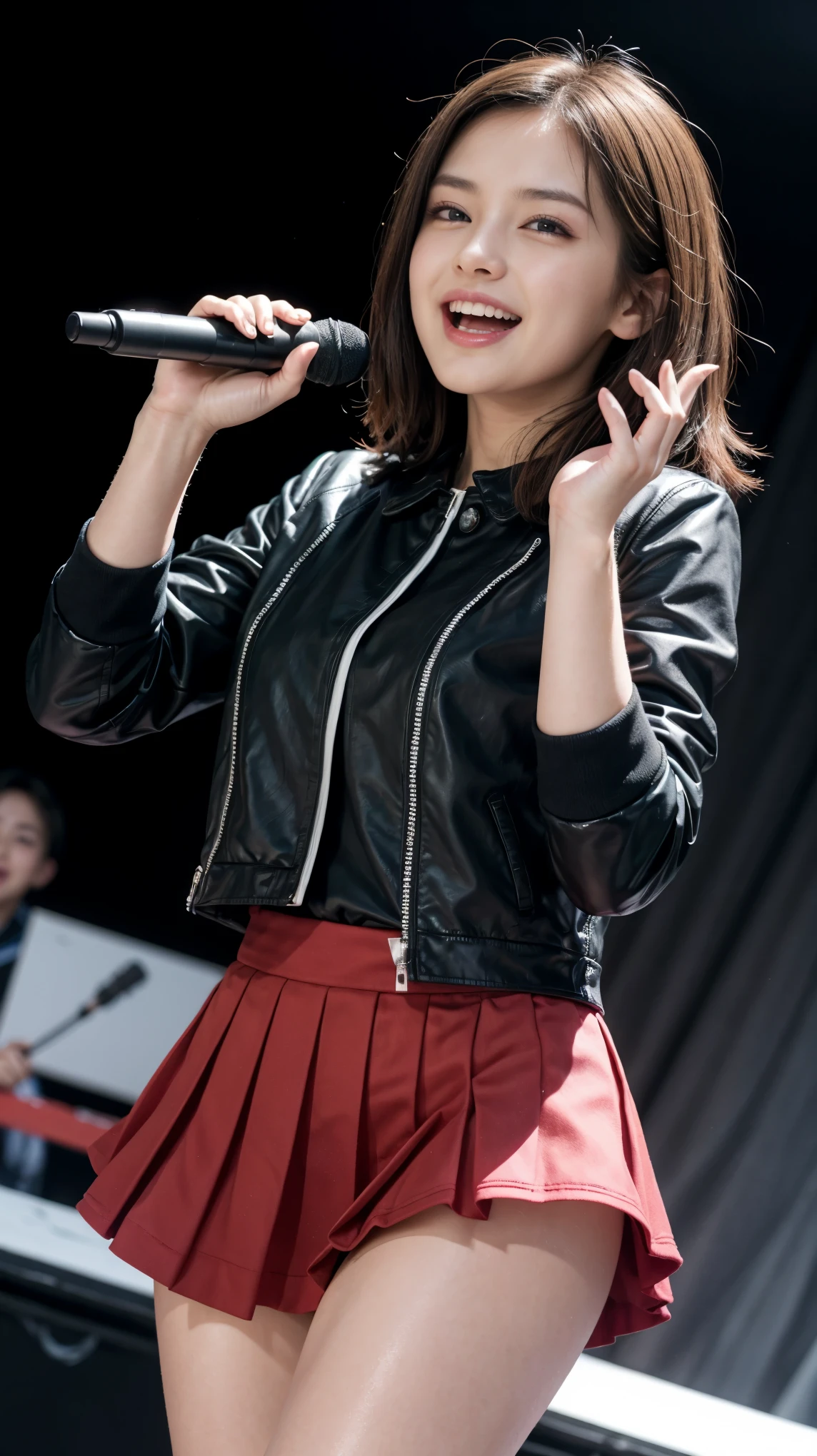quality,masterpiece,Ultra-high resolution,(Actual:1.4),Original photo,Ultra-high resolution,8K,Wearing Nogizaka46 stage costumes,Flashy makeup with red eyeshadow,Big laughing smile,Short cut with delicate brown hair,A live costume of a high school girl's uniform mini skirt,Live costume: high school girl uniform jacket,Dynamic pose,Girl Idol,Concert Venues