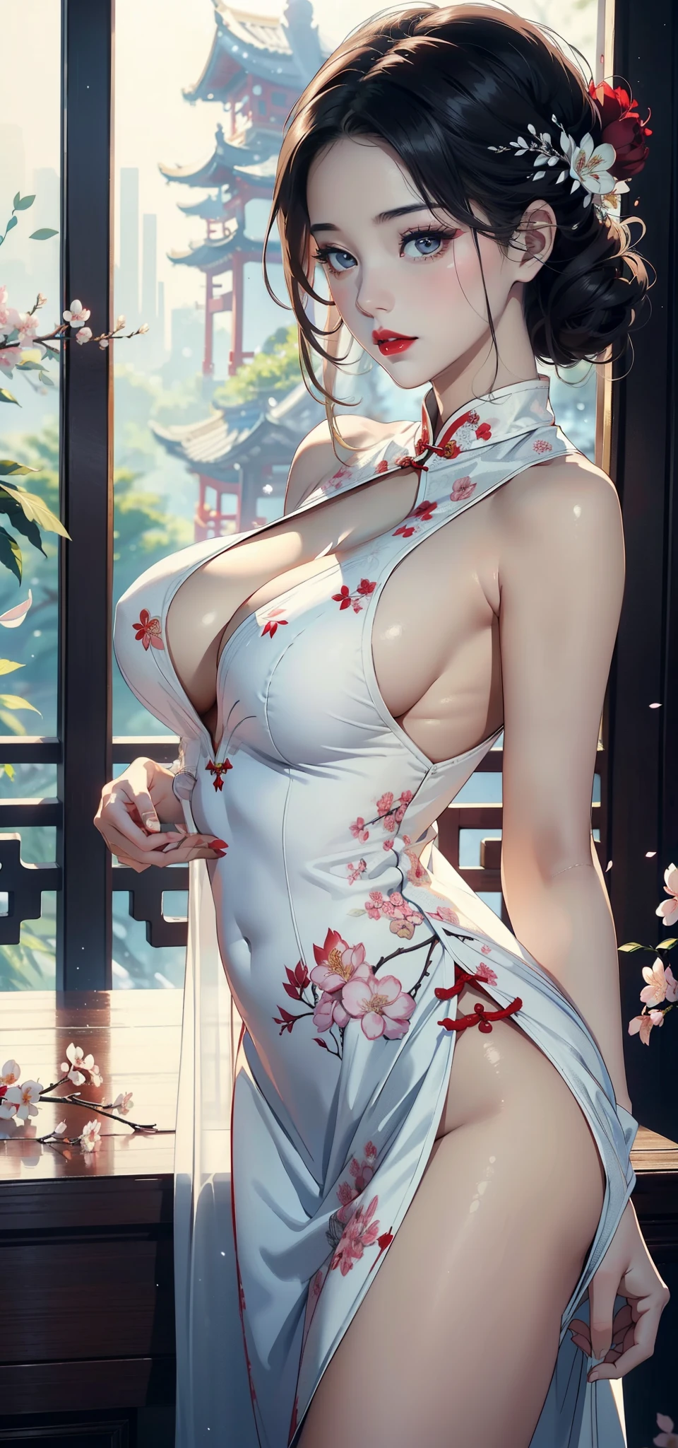 1 female，35 years old，Slim，Very large ，Big breasts and thin waist，Long legs， Solitary，（background：，Cherry blossom forest，Rainforest）running， She has short blonde hair，Front view， curls，Cloudy sky，（（（masterpiece），（Very detailed CG unified 8K wallpaper），best quality，Light，详细background，Beautiful and delicate eyes，Smart pupils，black eyes，Snow-white skin，Red lips（very delicate and beautiful），（Beautiful and detailed description of the eyes），Ultra Detailed，masterpiece，））Facing the camera，high resolution，Ultra Detailed），nude，Chinese bride，Put on red cheongsam，Wedding dress