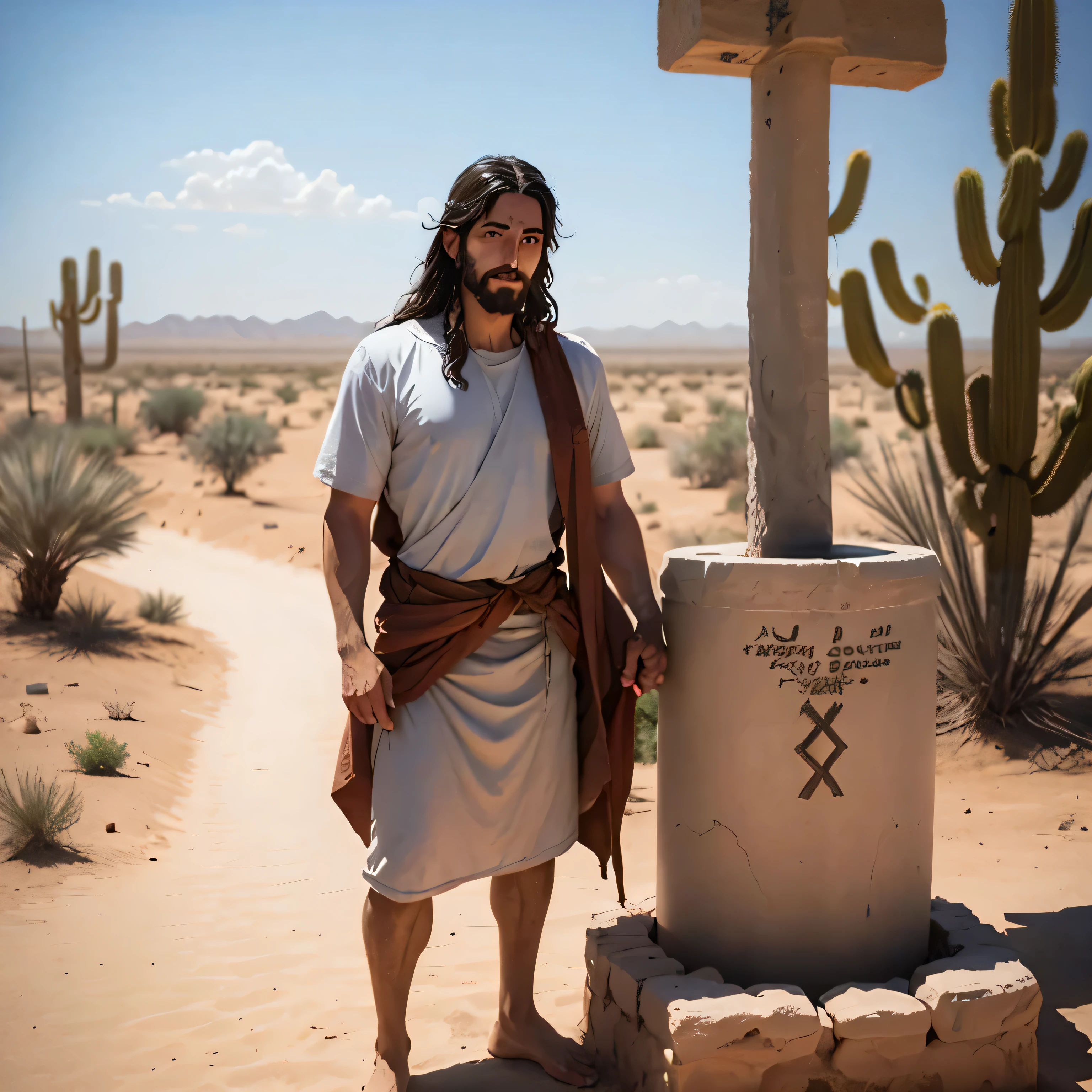 Jesus Hebrew man, in front of a water well in the desert