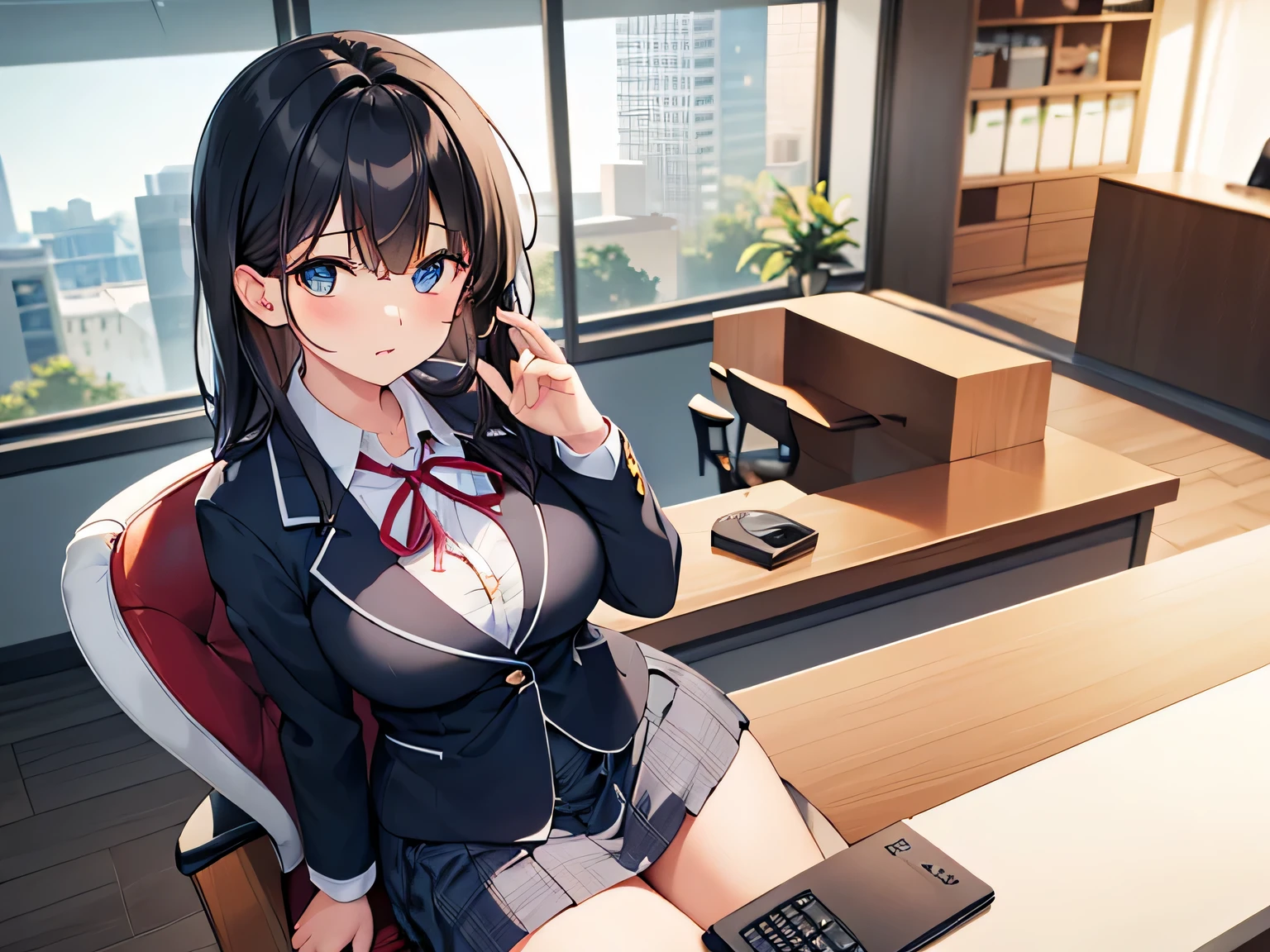 (Masterpiece, top quality, high resolution, realistic photo, realistic looking skin:1.1),
(Receptionist sitting in office chair inside reception counter serving customers:1.8),
(She has a stern look in her eyes:1.5),
(light blue blazer and skirt set-up is the uniform:1.8),
(She is wearing black pumps: 1.5),
(blazer and shirt all buttoned up, ribbon around neck, name plate on left breast:1.8),
(Medium black hair:1.5),
(Location: office chair in the counter of the general reception center of the company:1.5),
1 Japanese girl, solo, full bodied esbian, beautiful eyes, glowing eyes, glowing thighs, NSFW