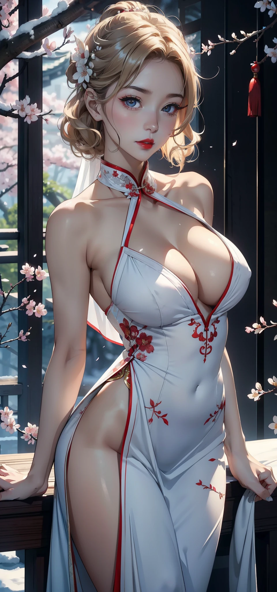 1 female,35 years old,Slim,Very large ,Big breasts and thin waist,Long legs, Solitary,(background:,Cherry blossom forest,Rainforest)running, She has short blonde hair,Front view, curls,Cloudy sky,(((masterpiece),(Very detailed CG unified 8K wallpaper),best quality,Light,详细background,Beautiful and delicate eyes,Smart pupils,black eyes,Snow-white skin,Red lips(very delicate and beautiful),(Beautiful and detailed description of the eyes),Ultra Detailed,masterpiece,))Facing the camera,high resolution,Ultra Detailed),nude,Chinese bride,Put on red cheongsam,Wedding dress