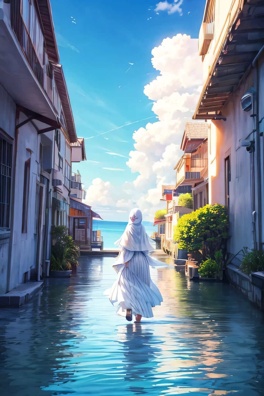 , foot covered, long dress reached to the ground, wear shoes, loose cloth, long veil, shoes, long dress