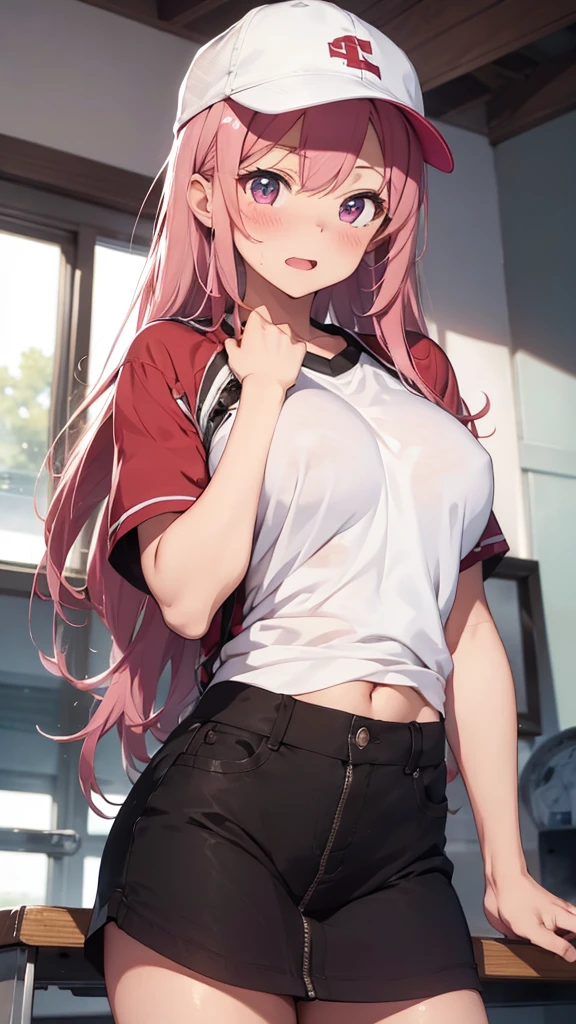 mastute piece,Best Quality,insanely detailed,8k cg,
shoot upper body,
1girl,standing,body in front,looking at viewer,(pink baseball uniform,baseball cap),
blush,shy,(trembling:1.2),pink hair,break,open mouth,large breast,stadium,