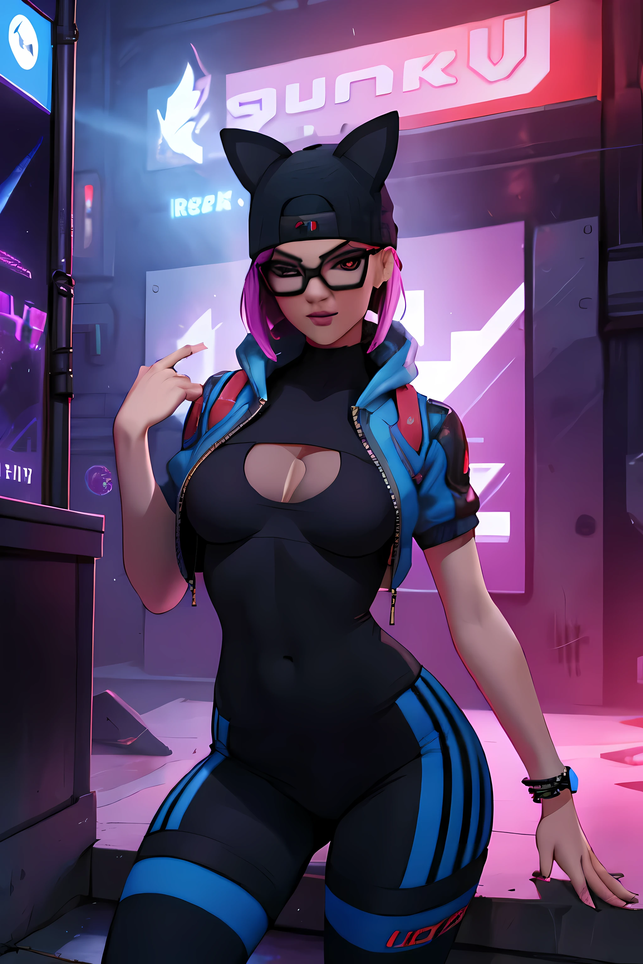 Traje de lince Cyberpunk, Noche, pulsera de picos,gorro de invierno , shorts negro con leggins Azul Marino, chaqueta azul marino ,Extremadamente detallado, rostro detallado, gafas ,hermoso rostro, ojos finos, mirando al espectador, pose femenino.