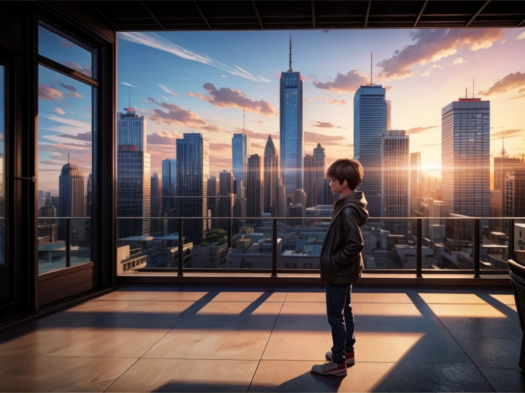 A person standing on the rooftop, oil painting, detailed cityscape, best quality, ultra-detailed, realistic:1.37, skyline, sunset, vibrant colors, warm tones, dramatic lighting, shadows, modern architecture.