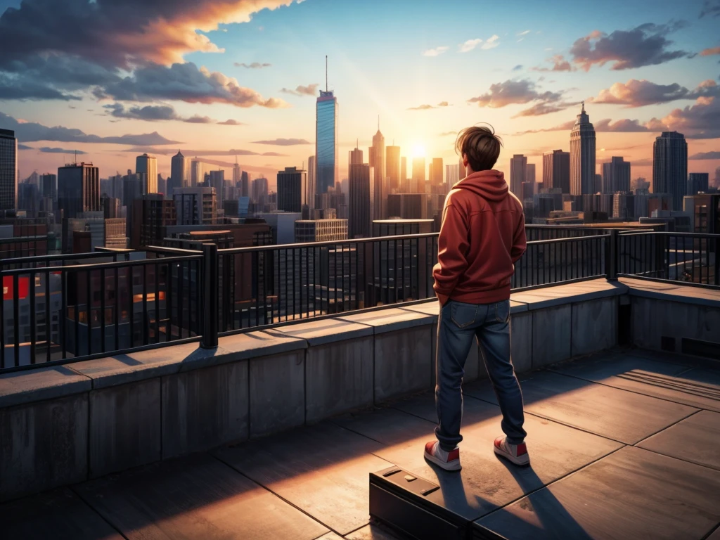 A person standing on the rooftop, oil painting, detailed cityscape, best quality, ultra-detailed, realistic:1.37, skyline, sunset, vibrant colors, warm tones, dramatic lighting, shadows, modern architecture.