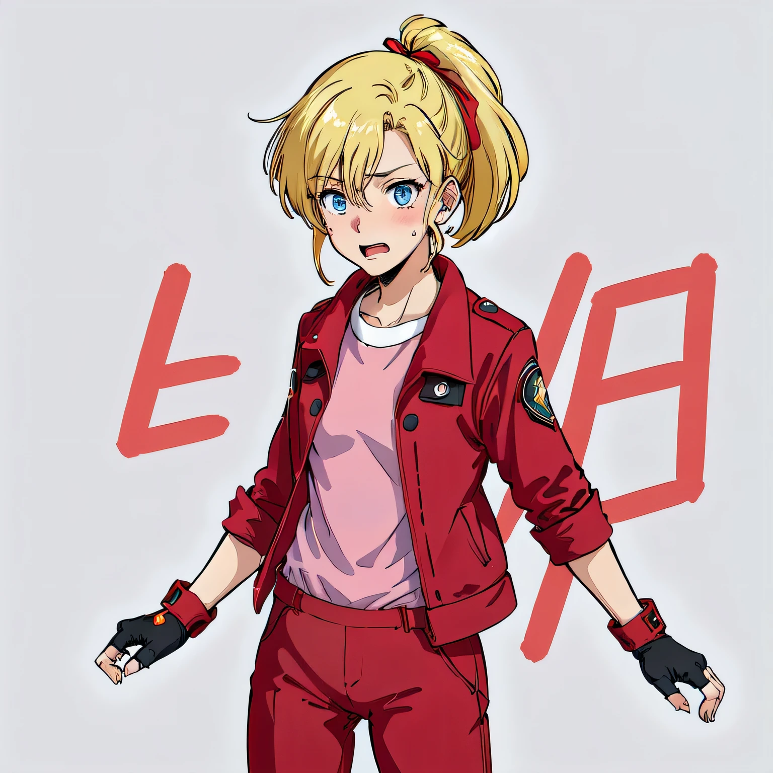 masterpiece,high quality,White Background,alone,
Elebianno,One girl,
Long Hair,High Ponytail,Hair Ribbon,bangs,Blonde,Hair between the eyes,blue eyes,
Red jacket,Symbolism,Open jacket,(Long shirt:1.5),Long sleeve,
Black gloves,Fingerless gloves,
Red trousers,
Embarrassed,