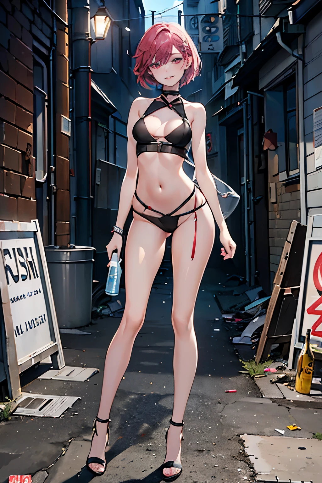 (((1 woman))), Bright skin, short colored hair, ((NFV)), (((accurate anatomy))), ((wide hips)), (((small breasts))), ((long legs)), ((mess in clothes)), ((breasts visible)), drunk smile, bottle in hand, Drunk young whore in an empty alley. She is expensive, but poorly dressed and returns from a noisy party. Here, in the midst of garbage and darkness, trouble awaits her.