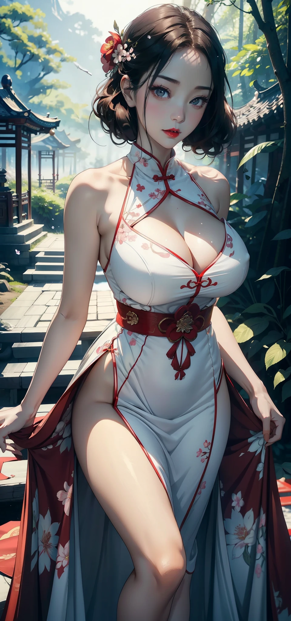 1 female，35 years old，Slim，Very large ，Big breasts and thin waist，Long legs， Solitary，（background：，Cherry blossom forest，Rainforest）standing in the forest， She has short blonde hair，Front view， curls，Cloudy sky，（（（masterpiece），（Very detailed CG unified 8K wallpaper），best quality，Light，详细background，Beautiful and delicate eyes，Smart pupils，black eyes，Snow-white skin，Red lips（very delicate and beautiful），（Beautiful and detailed description of the eyes），Ultra Detailed，masterpiece，））Facing the camera，high resolution，Ultra Detailed），nude，Chinese bride，Put on red cheongsam，Wedding dress