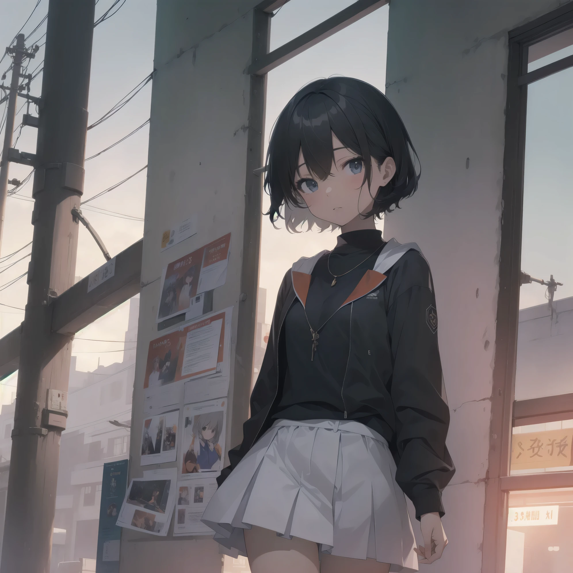 ultra-absurdres-Top quality by artist God, ultra-detailed, high resolution, anime moe artstyle, best anime 8k konachan wallpaper, pixiv contest winner,pool:2810, perfect anatomy,break, 1girl, (Please draw a girl walking sleepily to school alone. )break,(Solo,little female, 13-year-old:1.3),Full limbs, complete fingers,a junior high school student,  (very short hair), short cut, flat chest, , small butt, small black eyes, beautiful detailed eyes, well-proportioned iris and pupils, expressive eyes, highres detailed hair, soft expression, school_uniform, official_alternate_costume, pleated skirt,(Detailed Lighting), (Detailed background), in the School commute route. break,super detailed skin, Best cinematic lighting powered by famous artist, 8k,beauty illustration,photoshop_(medium),very aesthetic,break,((artist:bow_(bhp) )), artist:akinashi yuu ,artist:oyari ashito ,artist:kantoku ,
