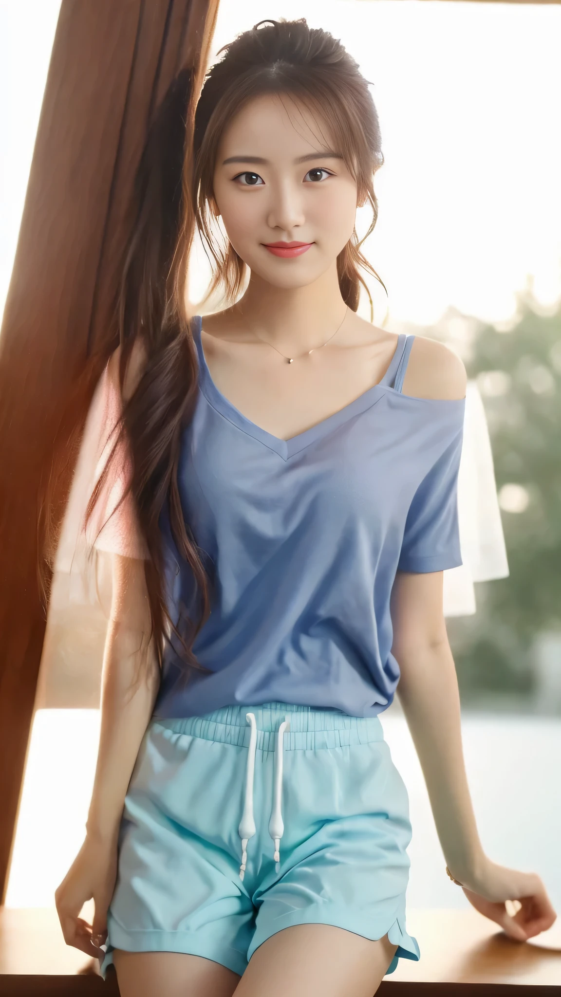 (8K, original photo, best quality, masterpiece), (actual, photo-actual:1.2), Super detailed, 1 girl, Lovely, alone, beautiful detailed sky, Detail of cafe, night, sitting, Dating, dose blush, Keep your mouth shut, beautiful and delicate eyes, wearing a hoodie, dolphin shorts, medium build, flowing hair, long blue hair, girl, feminine, pink eyes, Ultra-fine details, Complex scenes, ambient light, soft light, elegant, symmetrical facial features, precise anatomy, anatomically correct girl, landscape, gossamer, ethereal, whole body, ponytail, Moderate, Moderate, Sensible, big breasts,