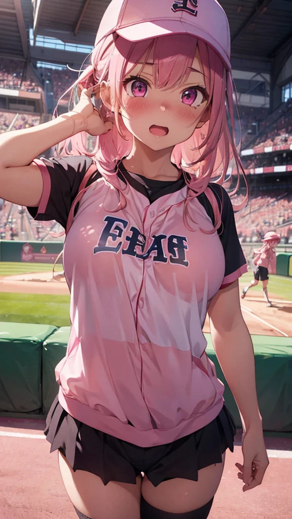 mastute piece,Best Quality,insanely detailed,8k cg,
shoot upper body,
1girl,standing,body in front,looking at viewer,(pink baseball uniform,baseball cap),
blush,shy,(trembling:1.2),pink hair,break,open mouth,large breast,stadium,