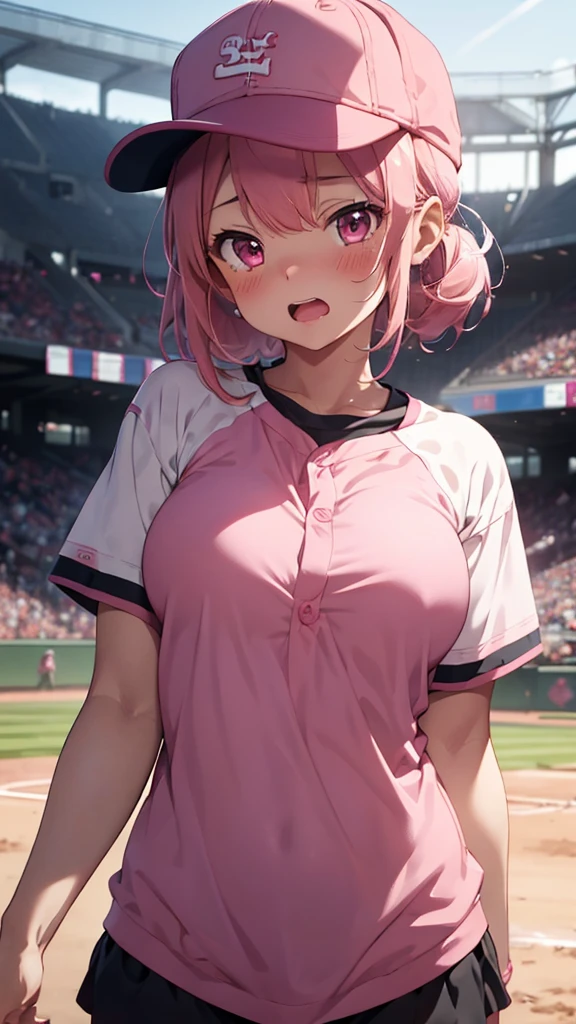 mastute piece,Best Quality,insanely detailed,8k cg,
shoot upper body,
1girl,standing,body in front,looking at viewer,(pink baseball uniform,baseball cap),
blush,shy,(trembling:1.2),pink hair,break,open mouth,large breast,stadium,