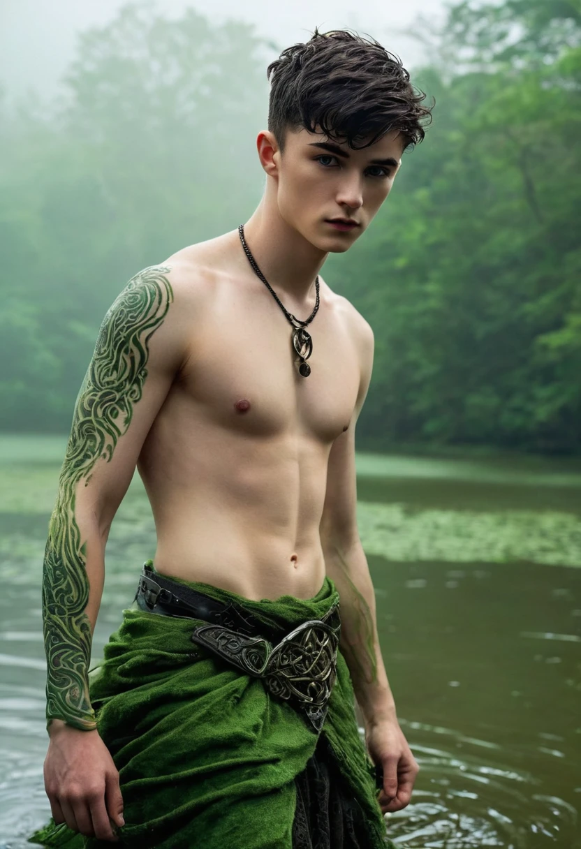 Supernatural horror fantasy setting). (a very pale white thin (shirtless) ( 18yo boy druid (Asher Angel: 0.9)) with green eyes, short undercut black hair with green tinges, preturnaturaly beautiful, (magically evading monsterous squid tenticles which are emerging from a misty lake)).((Homoerotic)) he is wearing only a rustic druid loincloth, highly detailed, sharp focus, dslr Award-winning, hyper-realistic full body leaping cinematic action fantasy photograph. , (a small celtic tattoo on his smooth shin), shirtless, bare shouldered and , dark fantasy,